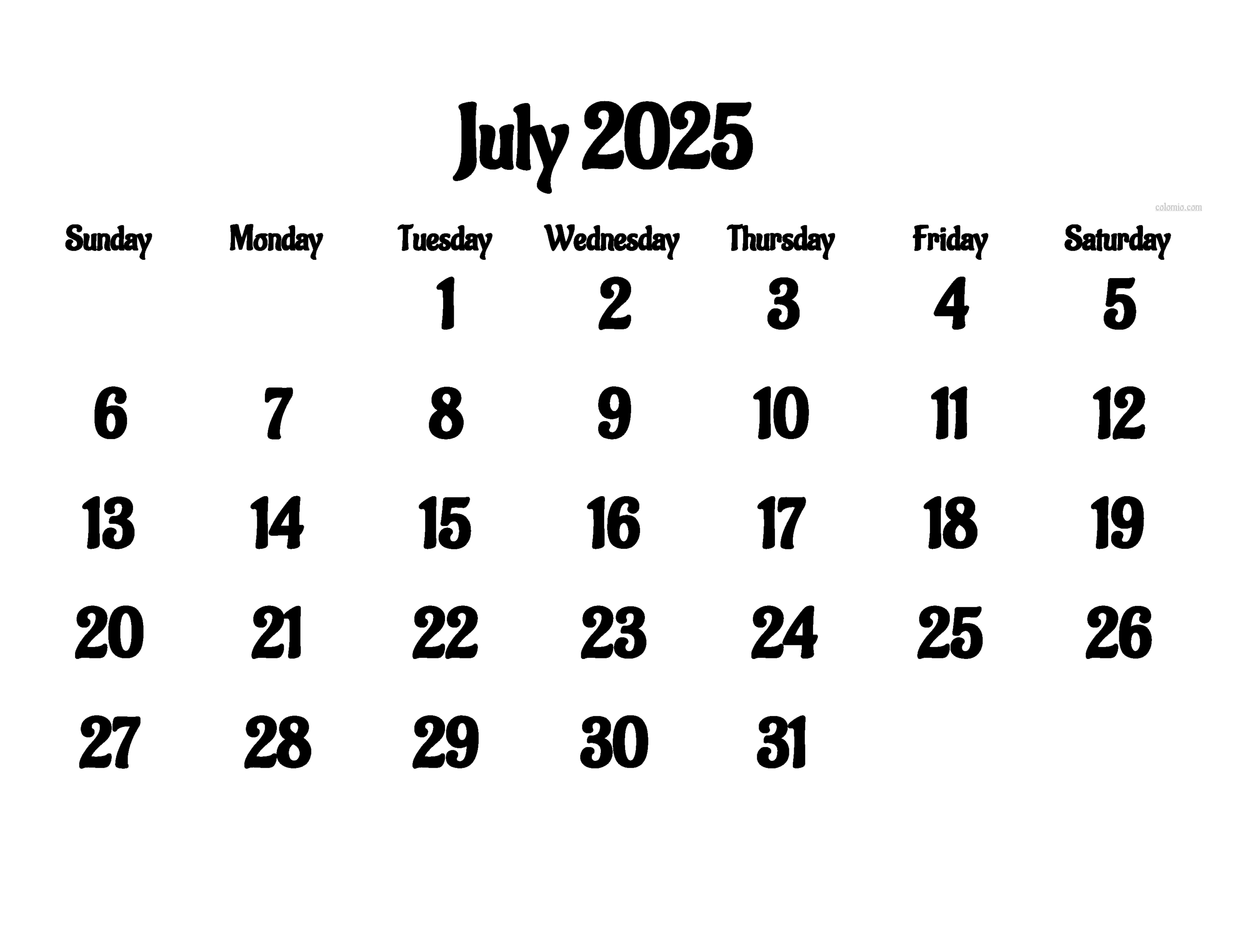 Calendar 2025 July