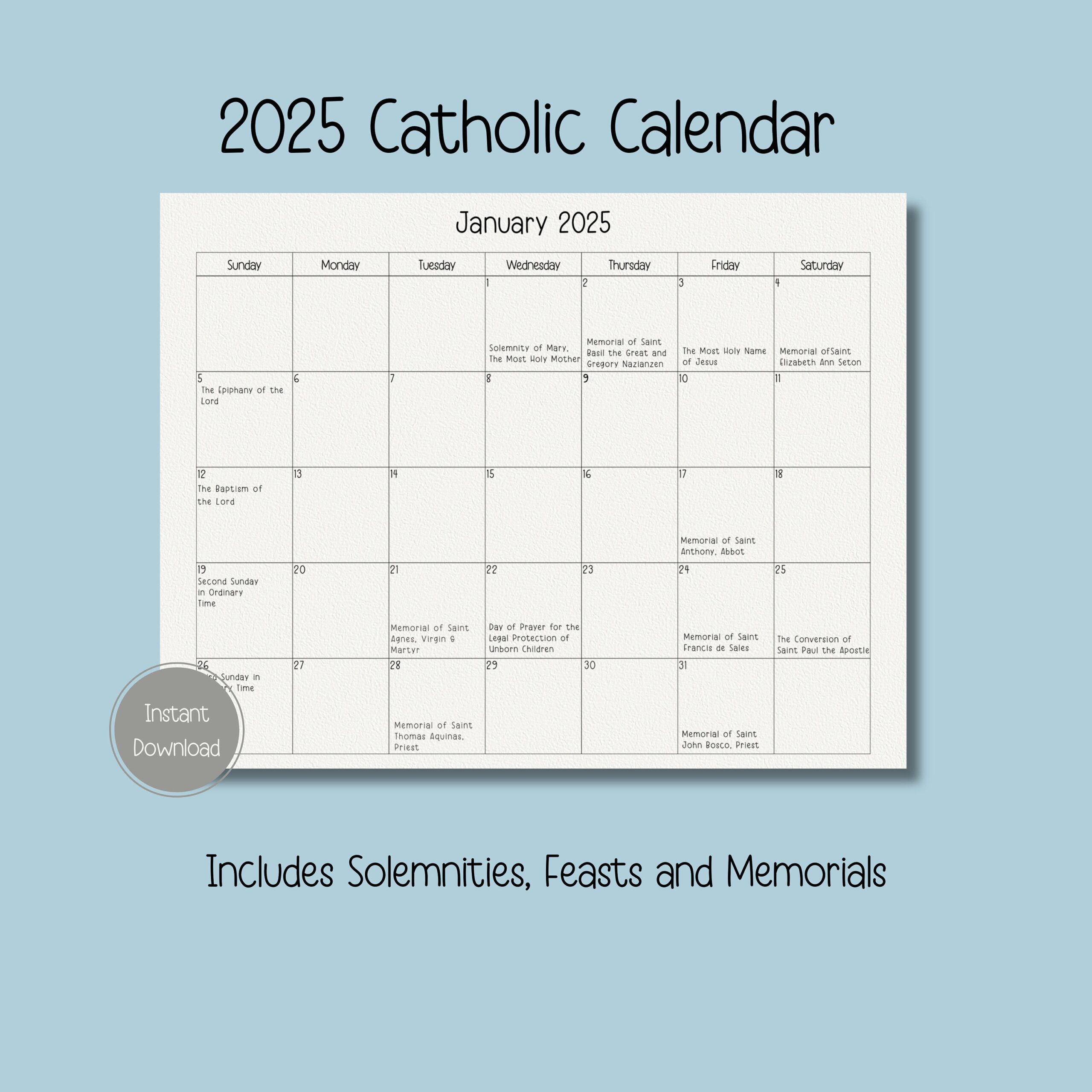 Catholic Calendar January 2026