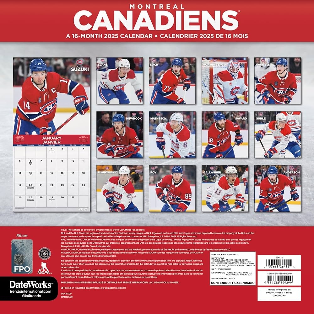 2025 NHL Montreal Canadiens Wall Calendar Bilingual French 
