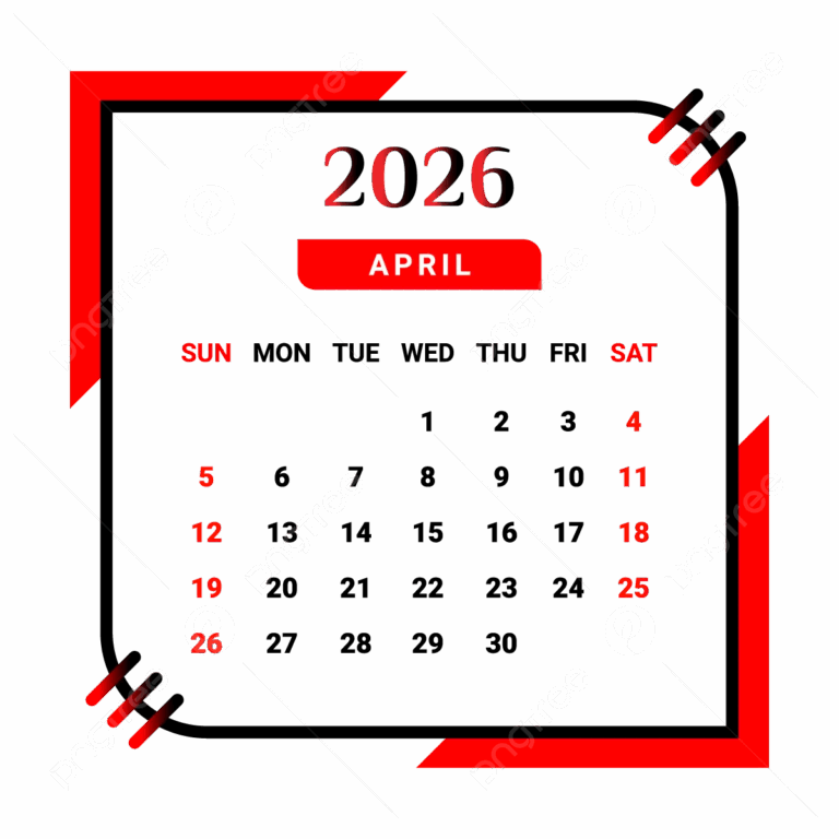 2026 April Month Calendar With Black And Red Vector Monthly