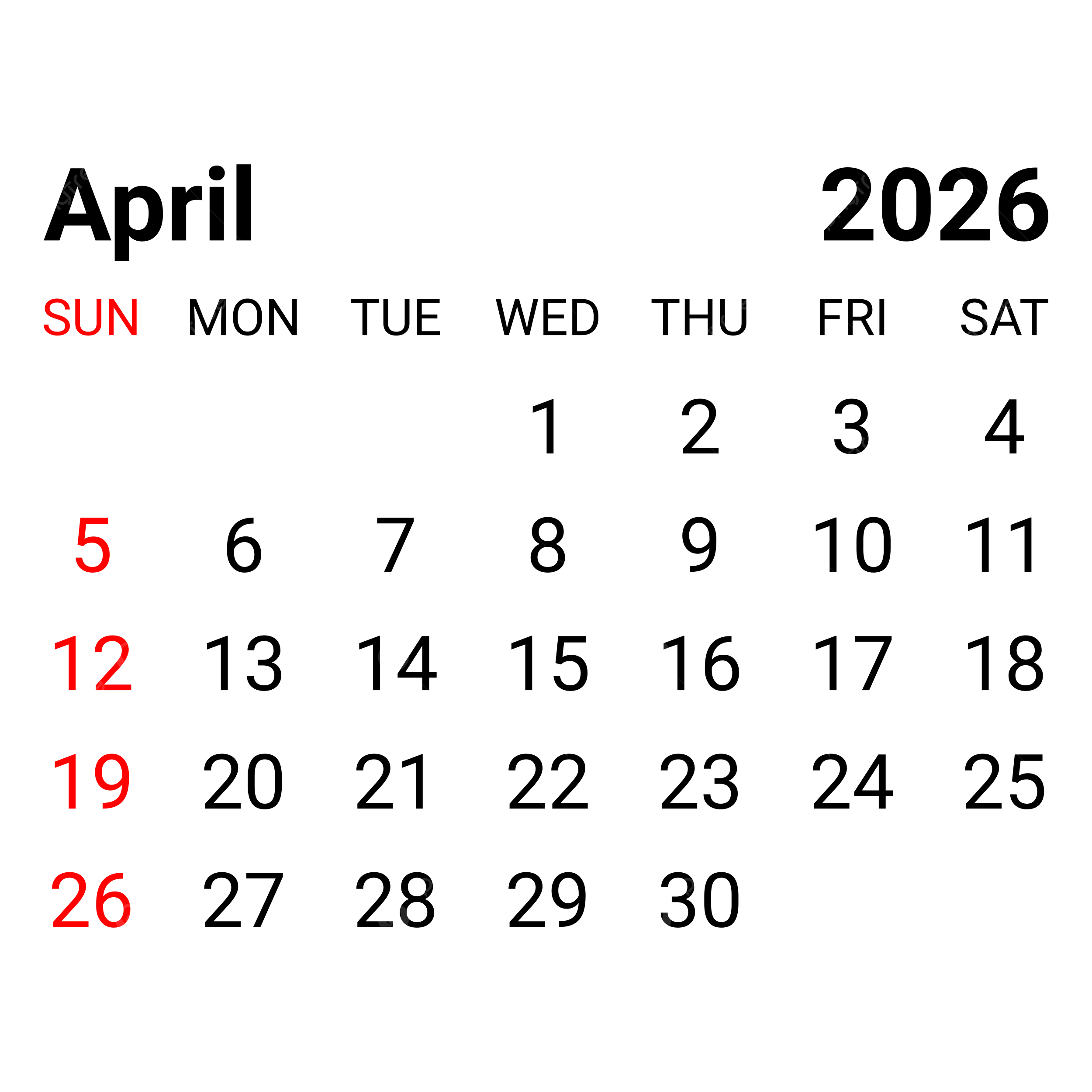2026 April Monthly Calendar PNG Transparent Images Free Download Vector Files Pngtree