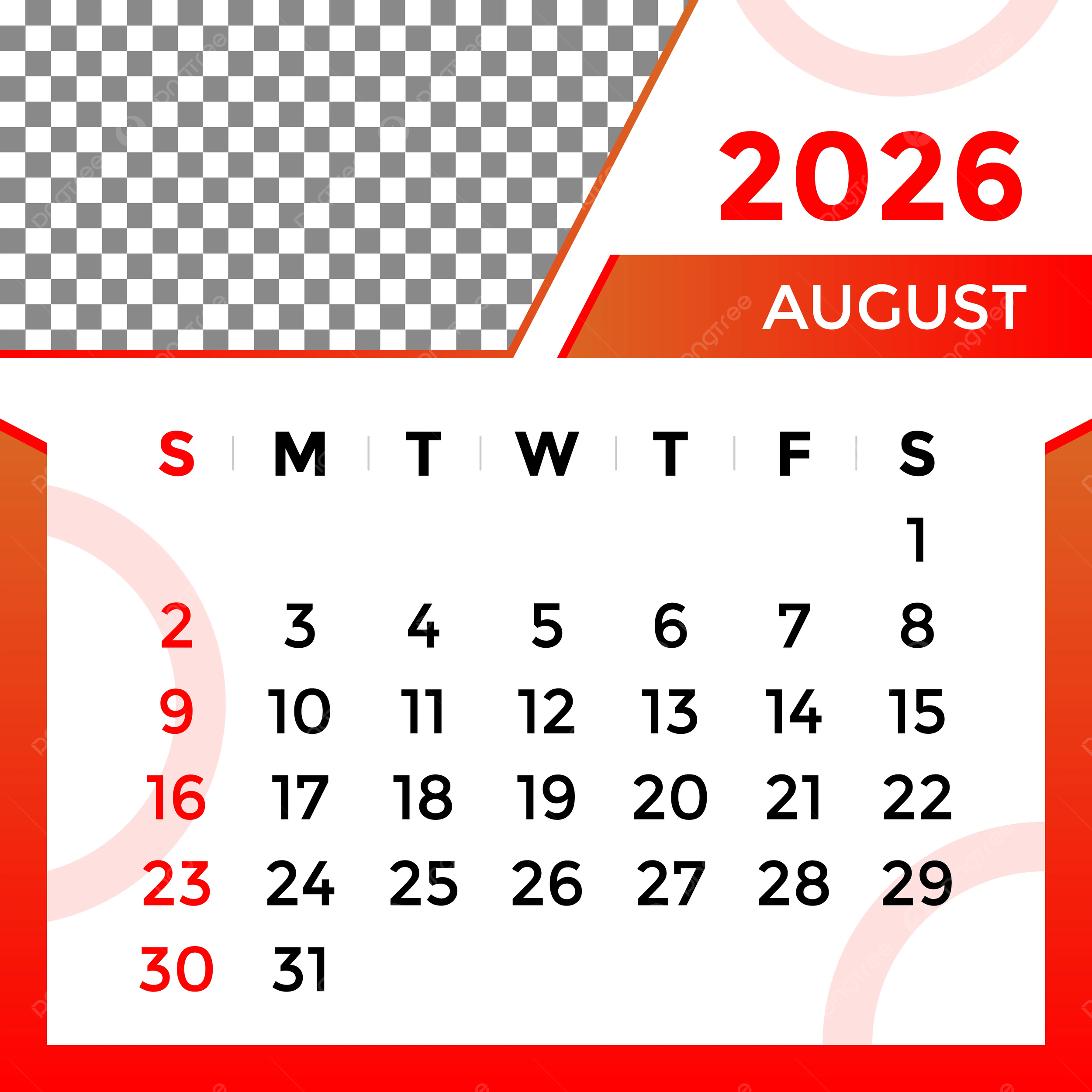 2026 Calendar Month Of August Vector Template Download On Pngtree