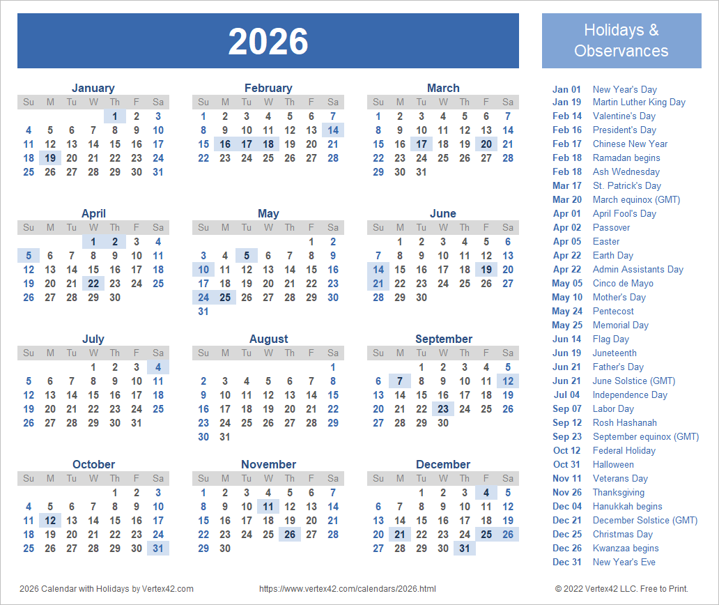 2026 Calendar January With Holidays