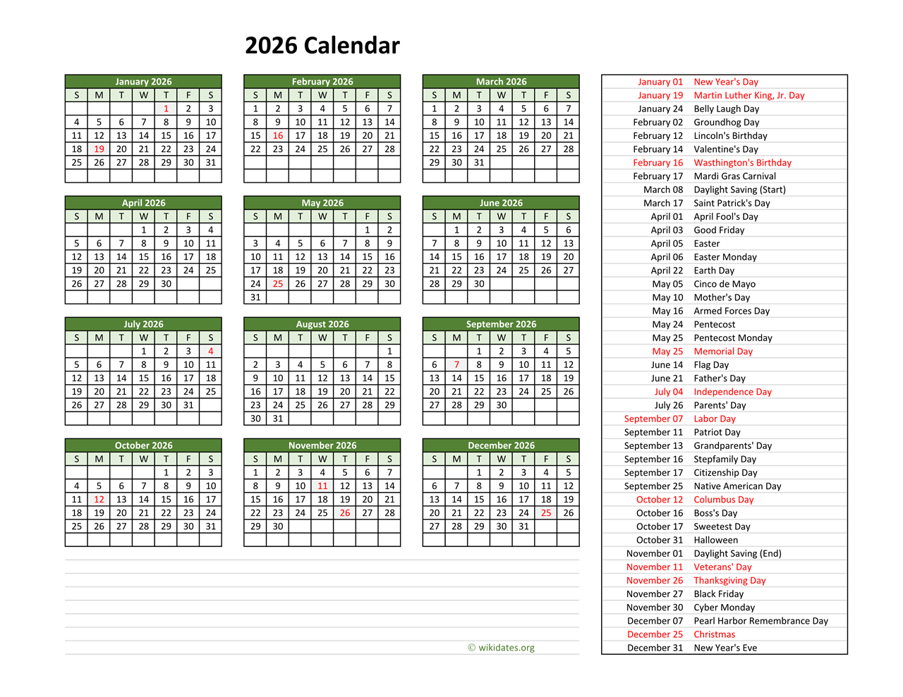 January 2026 Calendar With Holidays Usa