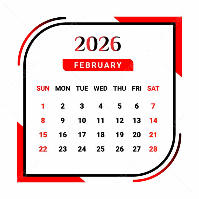2026 February Month Calendar With Red And Black Vector Monthly