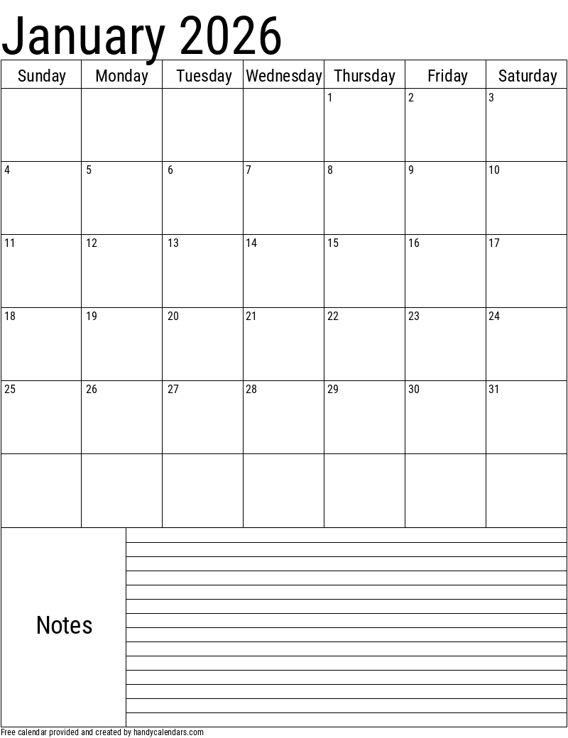January 2026 Calendar Excel