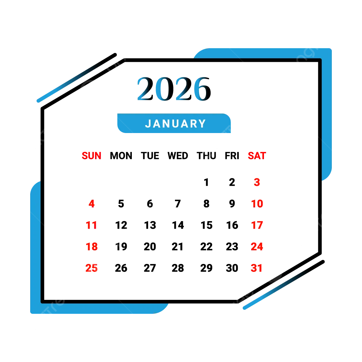 2026 January Month Calendar Skyblue And Black Vector Monthly Calendar Calendar January 2026 PNG And Vector With Transparent Background For Free Download