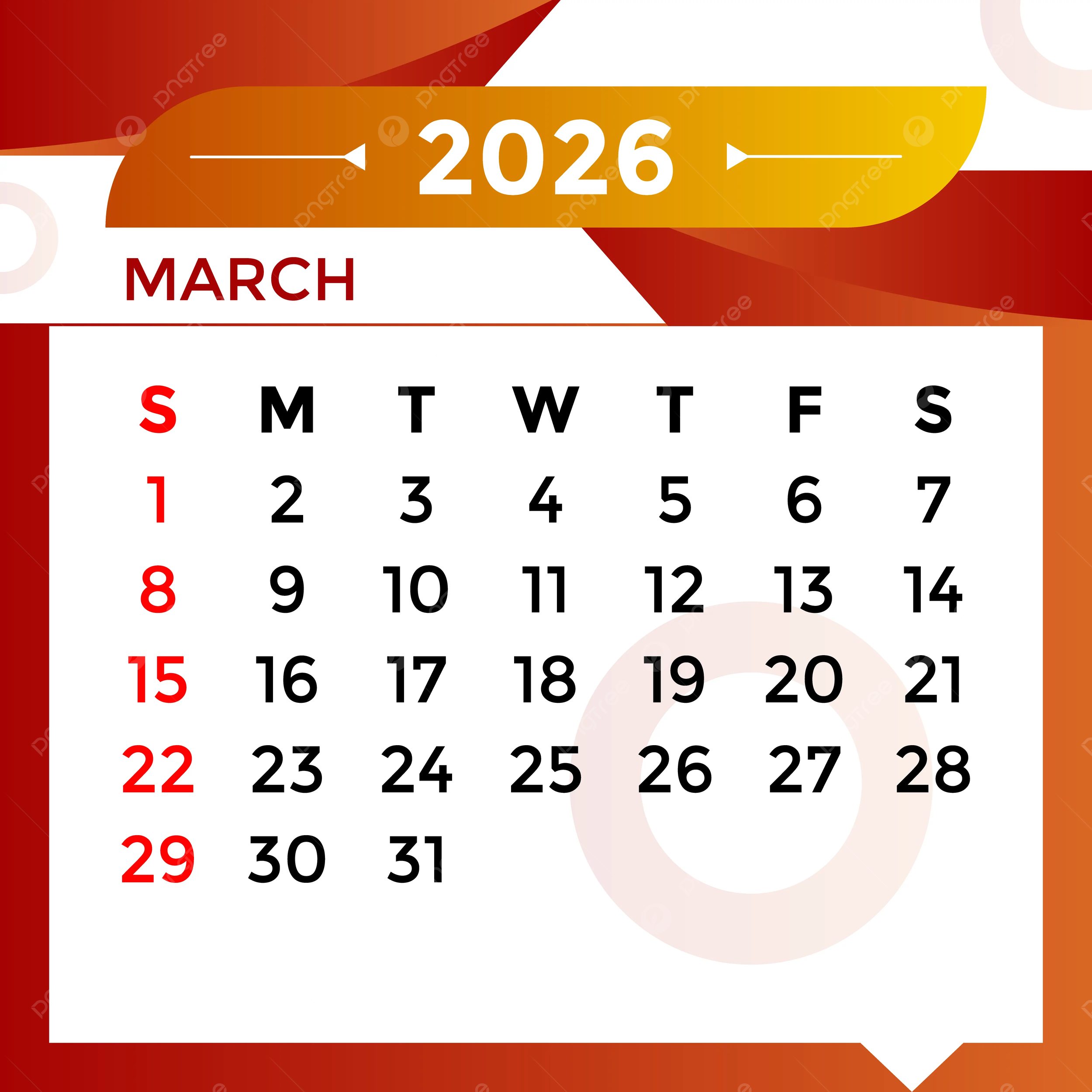 2026 March Month Calendar Vector Template Download On Pngtree