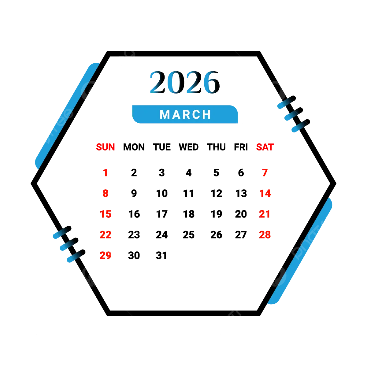 2026 March Month Calendar With Skyblue And Black Geometric Style 