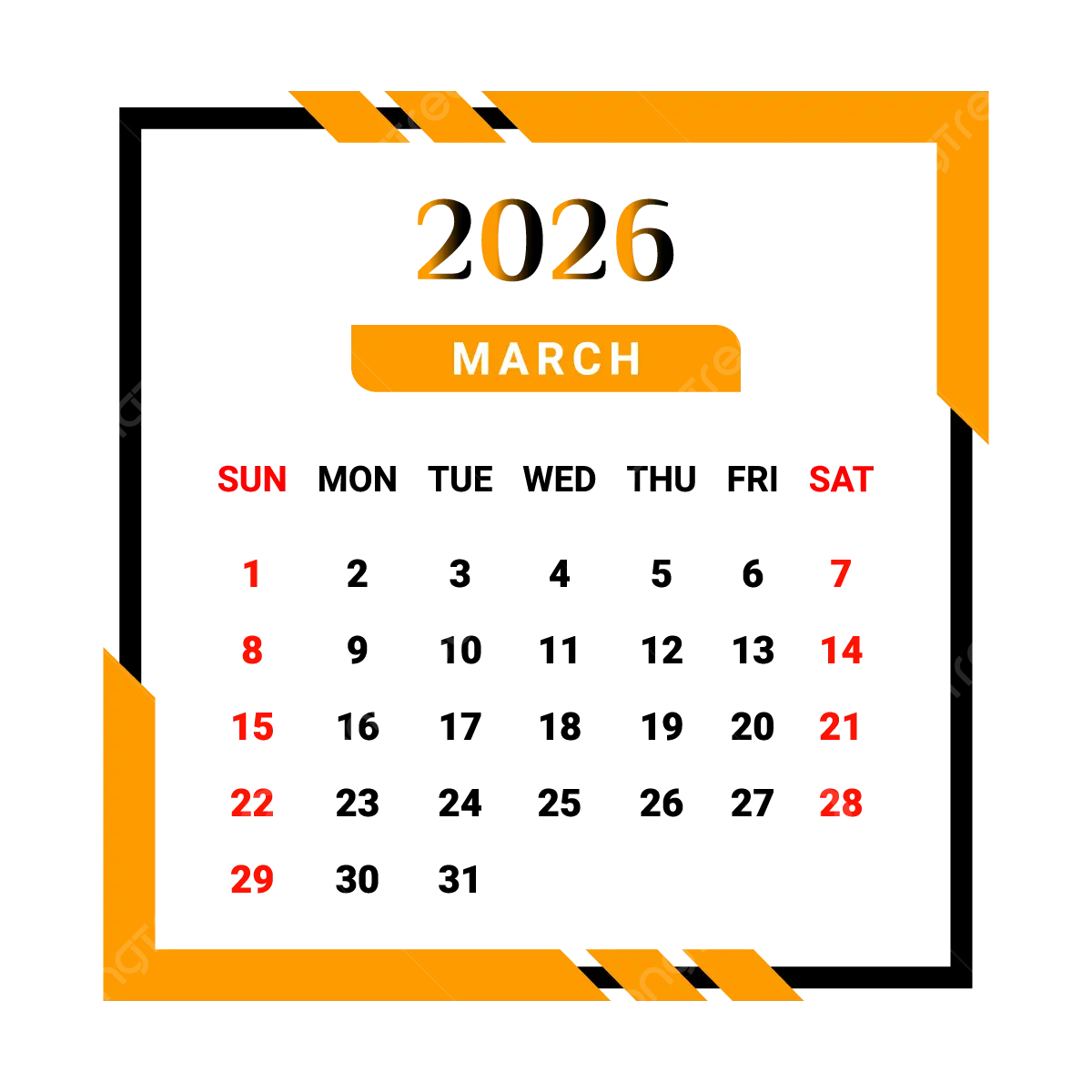 2026 March Month Calendar With Yellow And Black Unique Style 