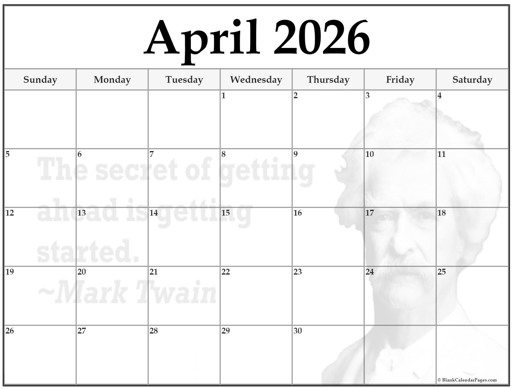 Blank April 2026 Calendar