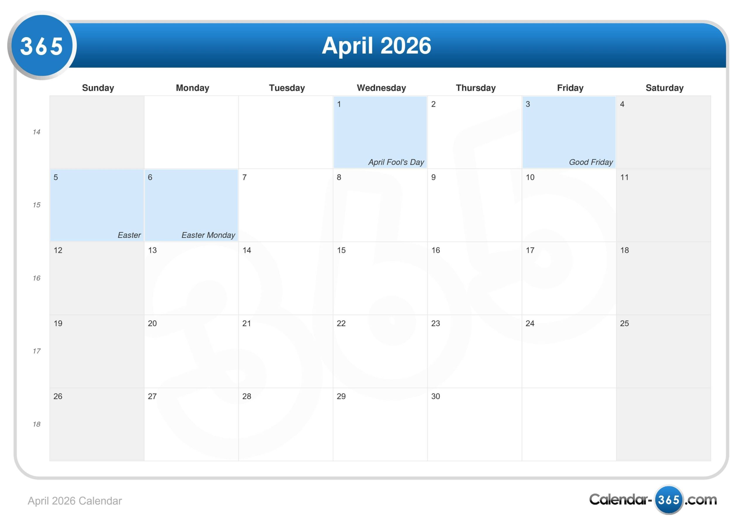 Weekly Calendar April 2026