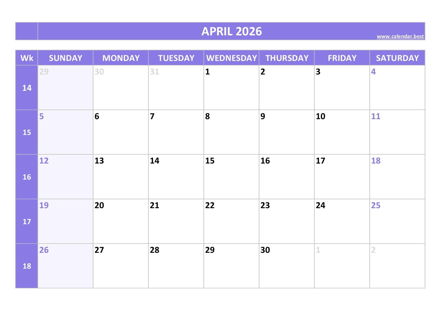 Printable April 2026 Calendar Pdf