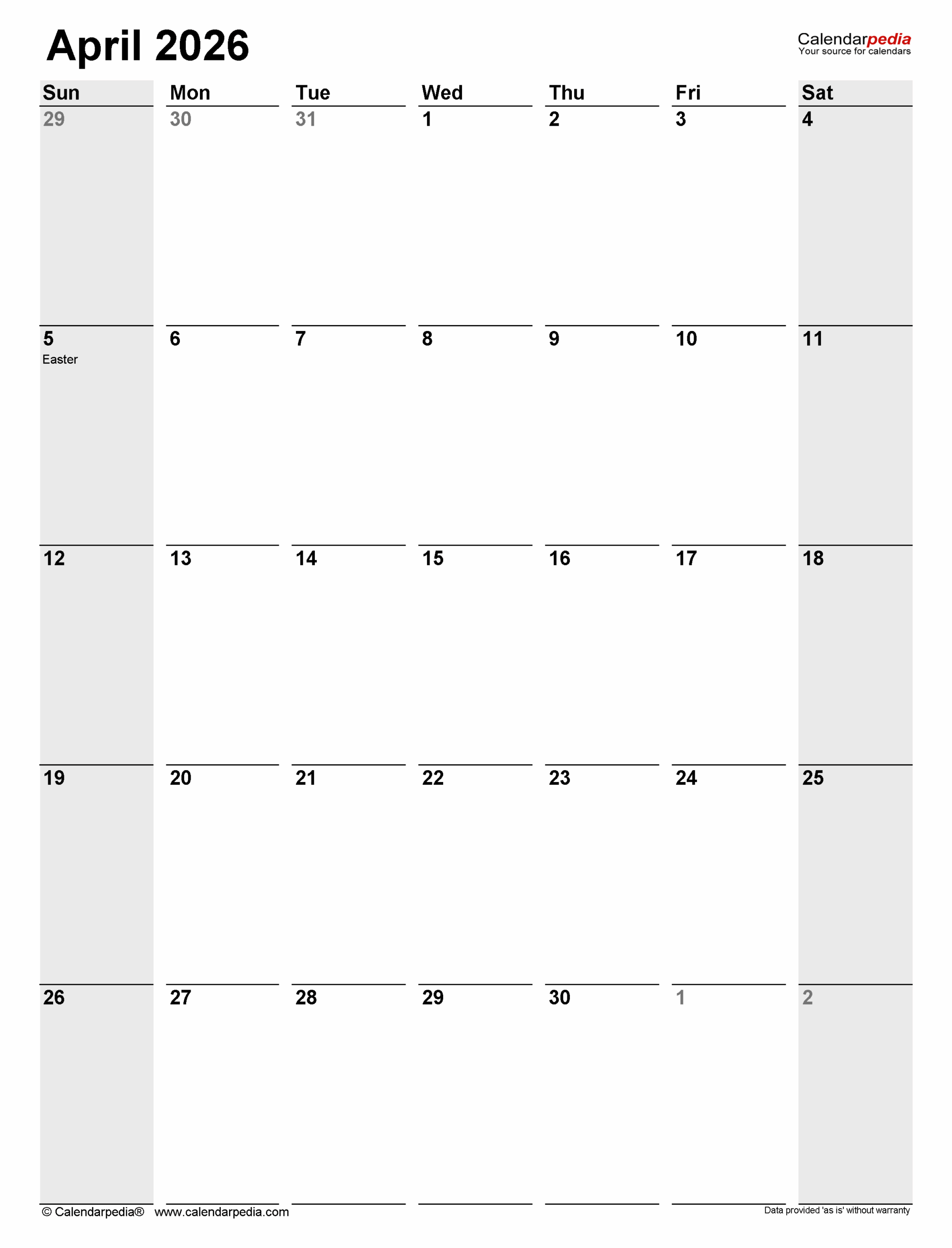 Fillable Calendar April 2026