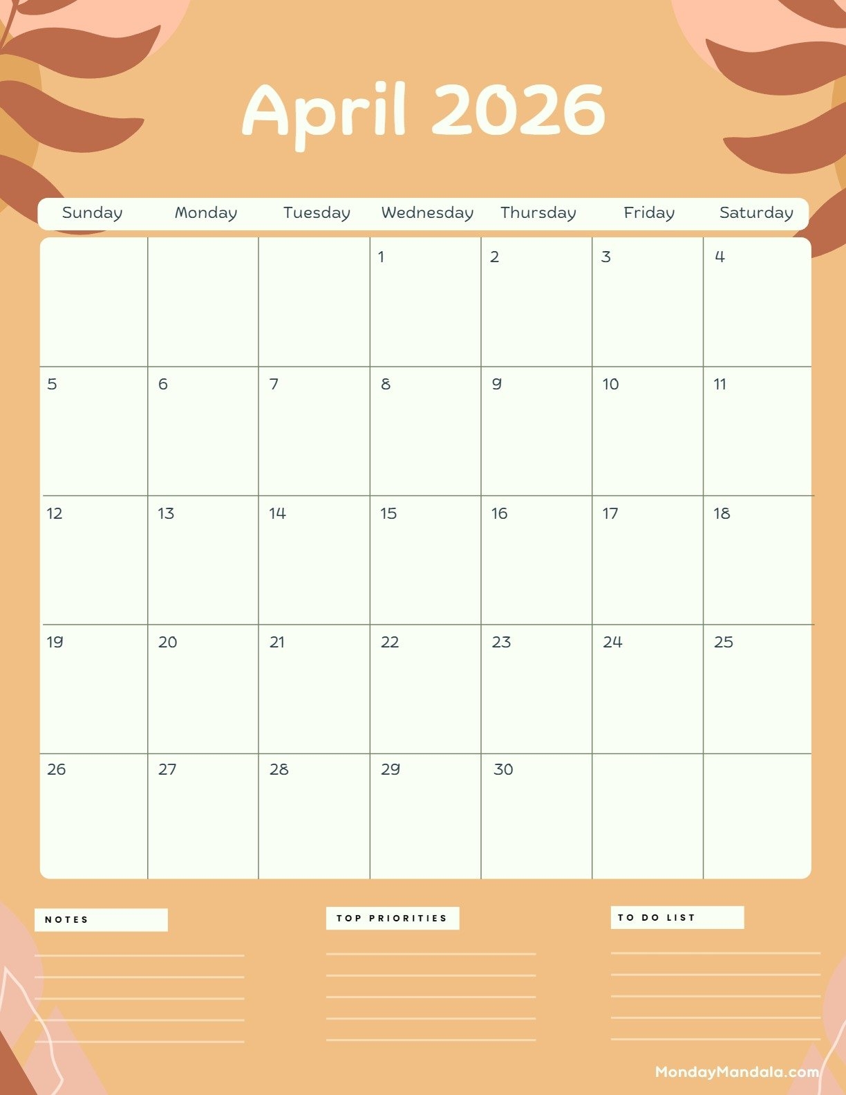 April 2026 Calendar Printable Vertical