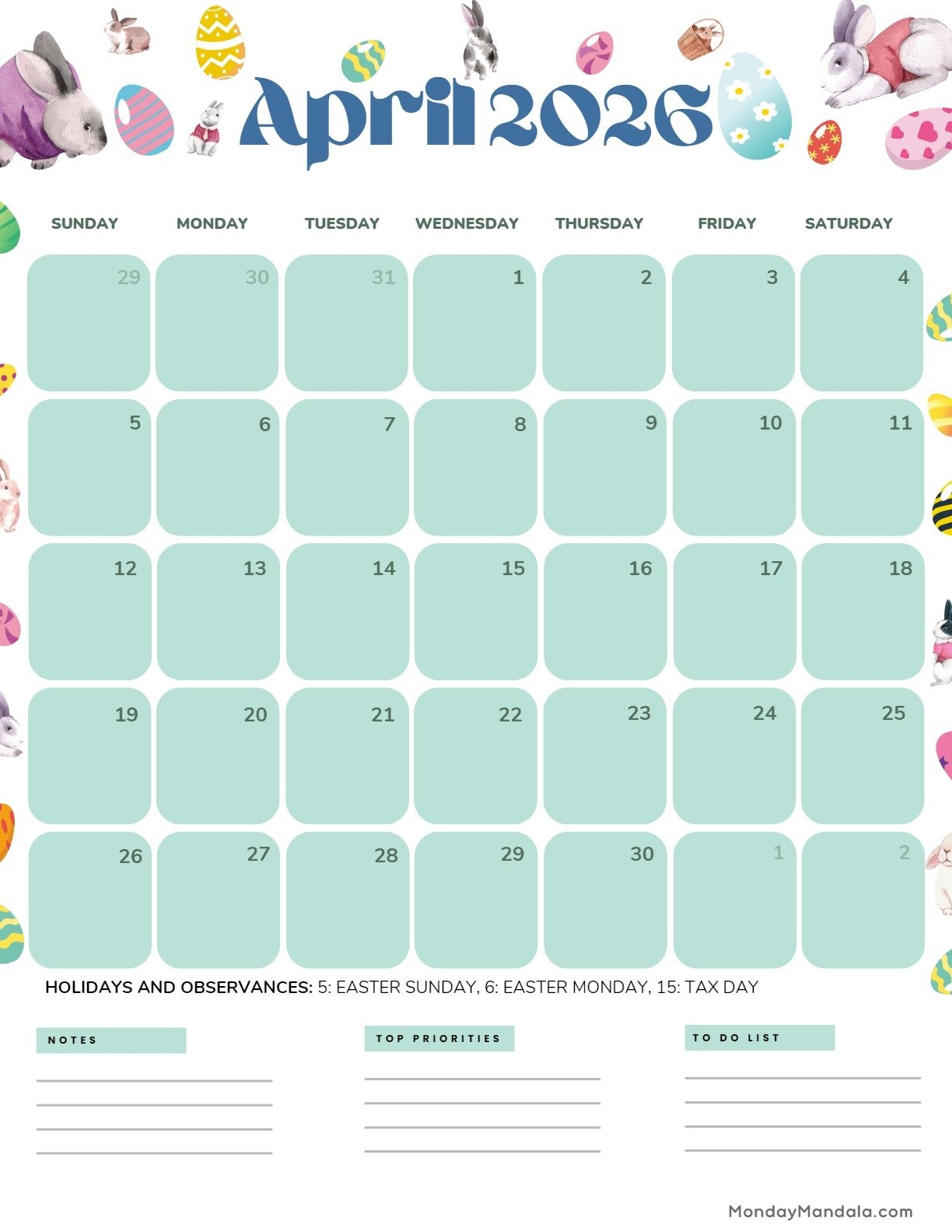 April 2026 Calendar With Holidays Pdf