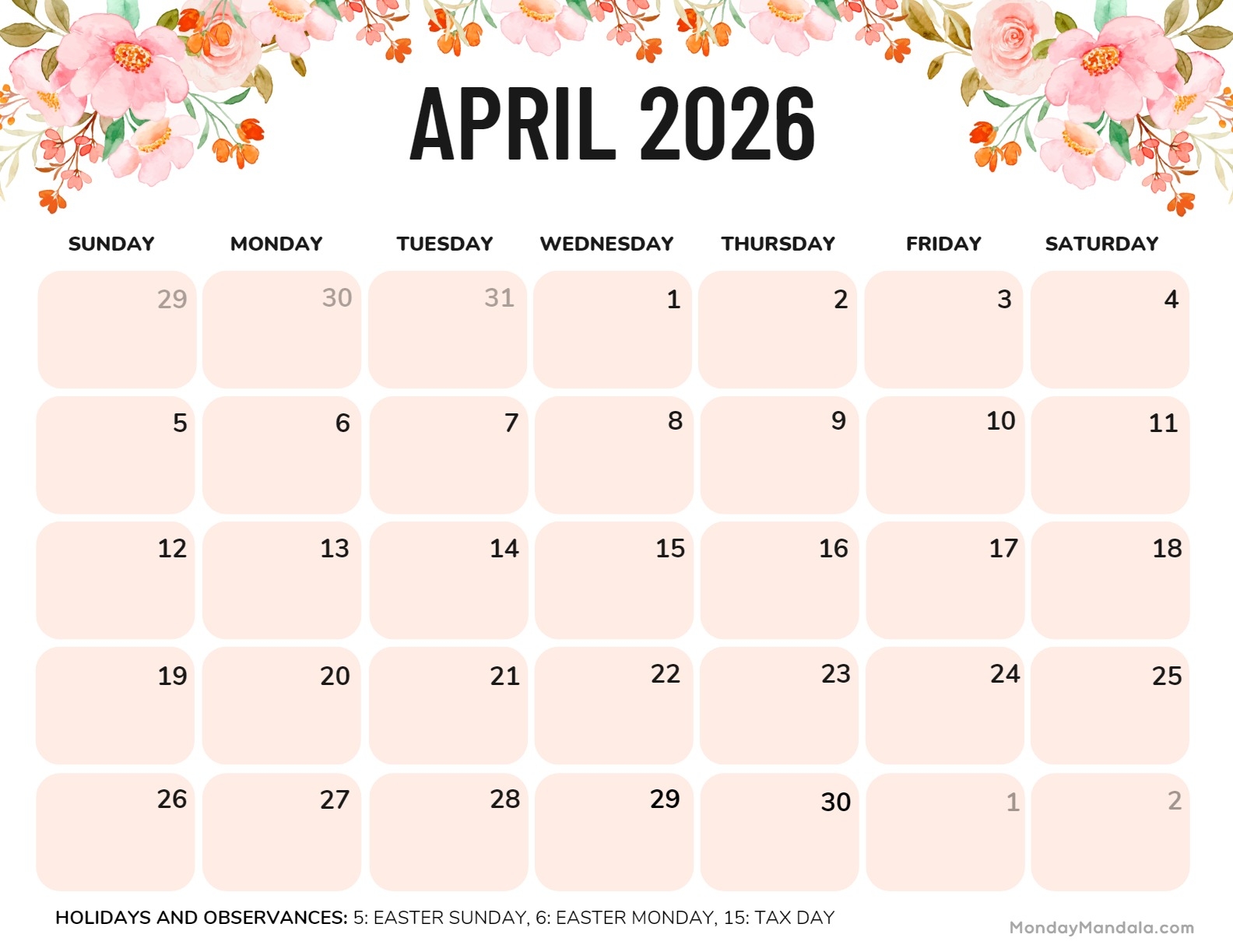 Show Me The Calendar Of April 2026