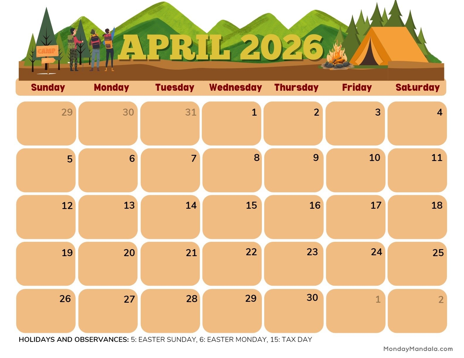 April 2026 Calendar Page