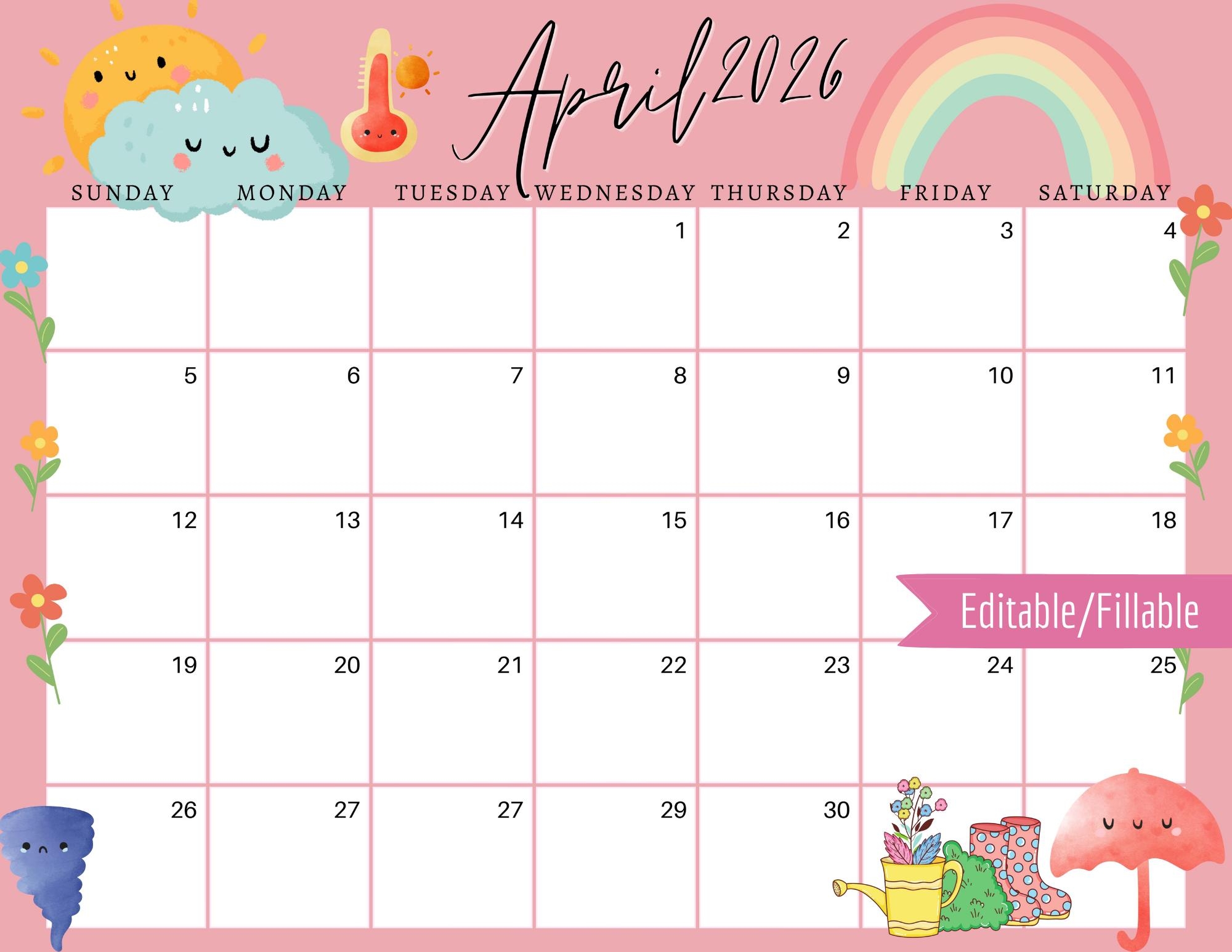 April 2026 Digital Calendar Light Pink Easter Sunday Editable Fillable Printable Calendar For Planning PDF PNG And JPG Download