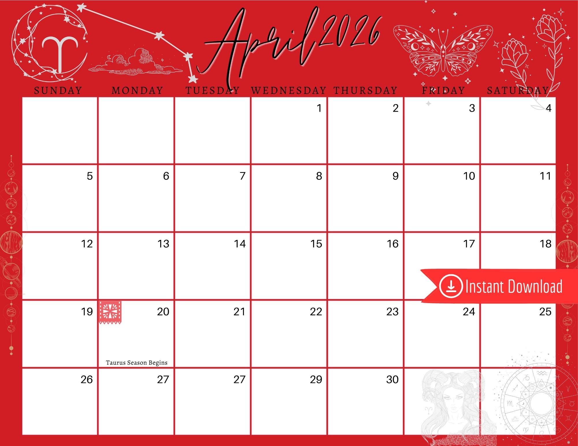 April 2026 Digital Calendar Red And Silver Aries Season Editable 