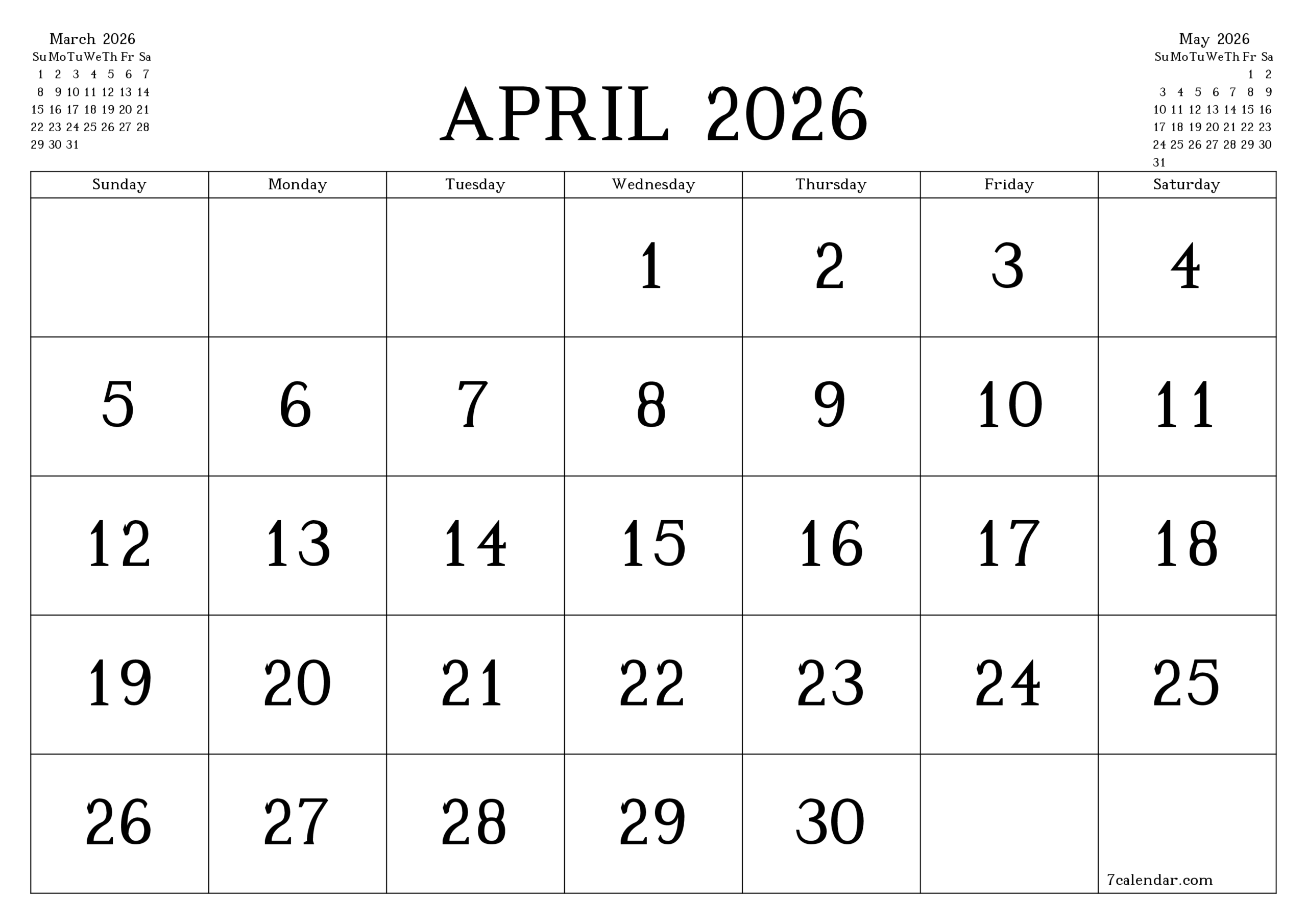 April 2026 Calendar Special Days