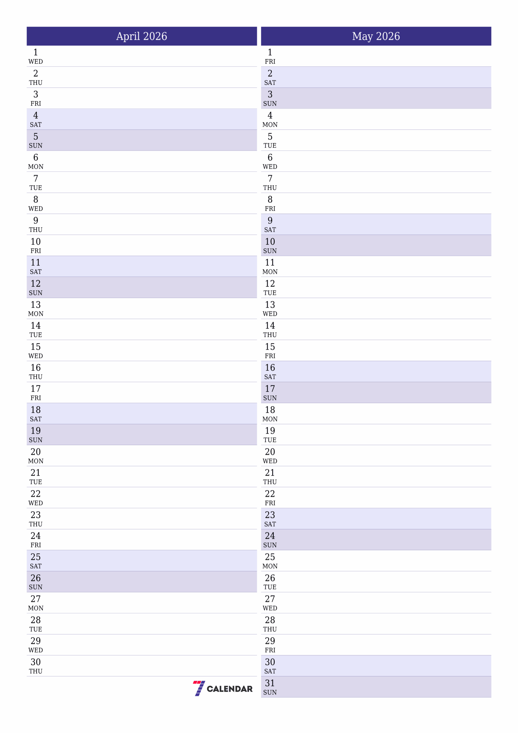 April Calendar 2026 Printable Template 7calendar