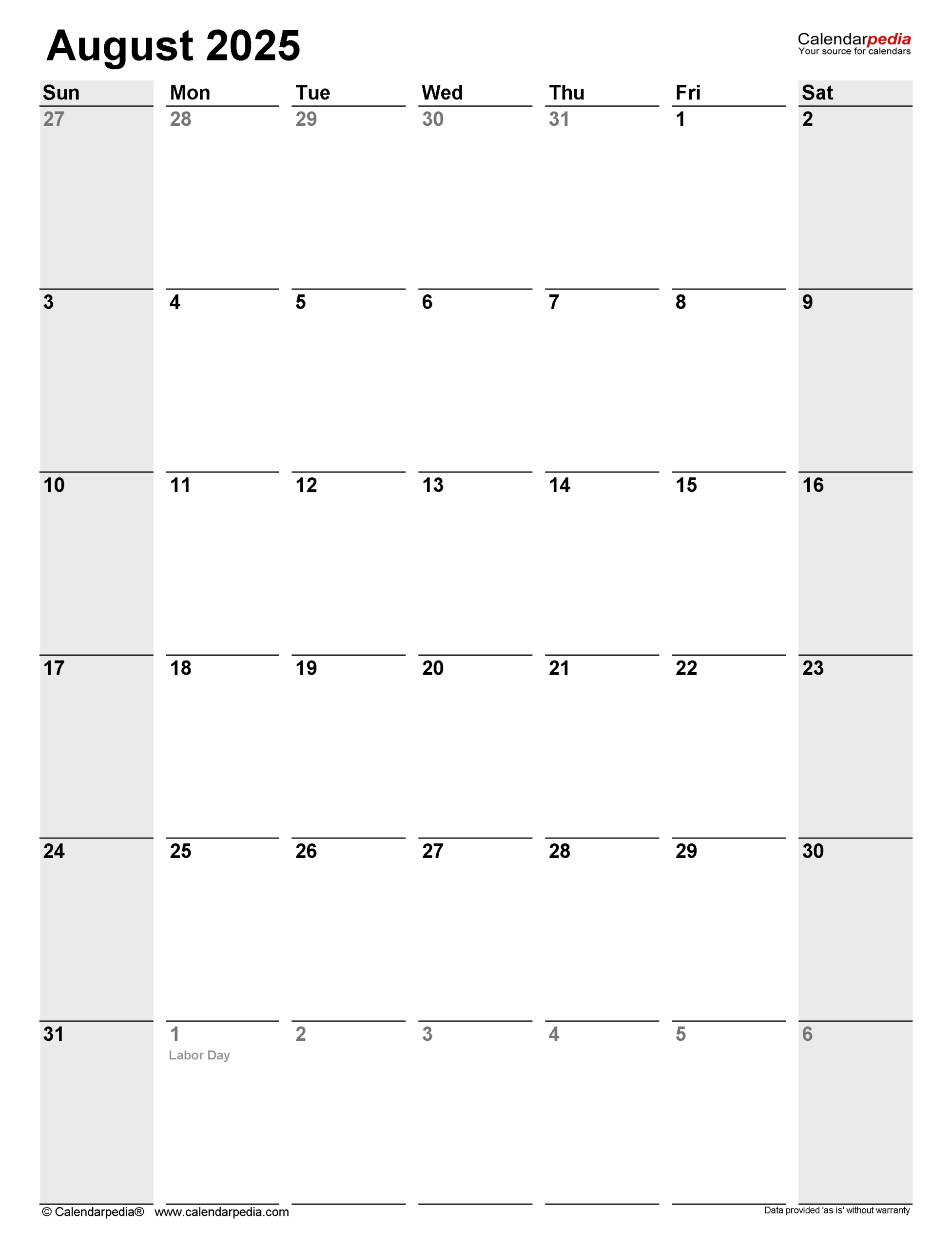 Editable August 2025 Calendar