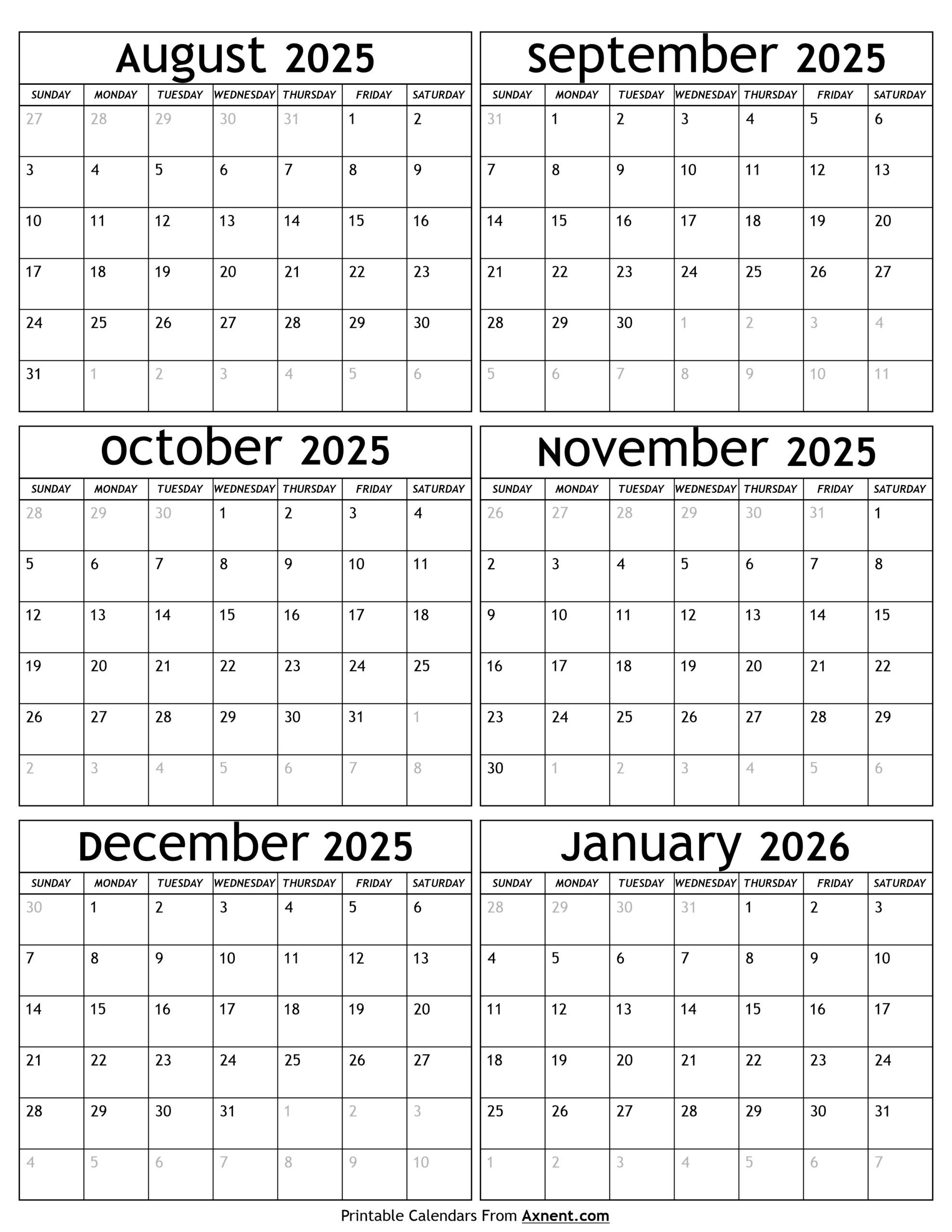 August 2025 To January 2026 Calendar Templates Six Months