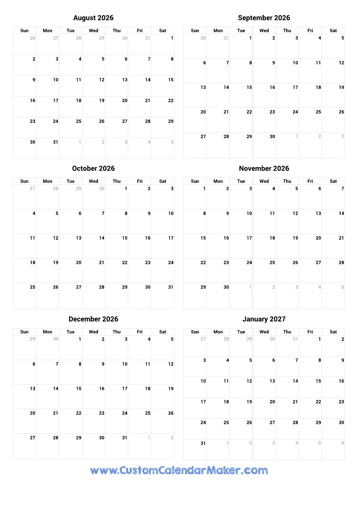 August 2026 To January 2027 Printable Calendar Custom Calendar Maker
