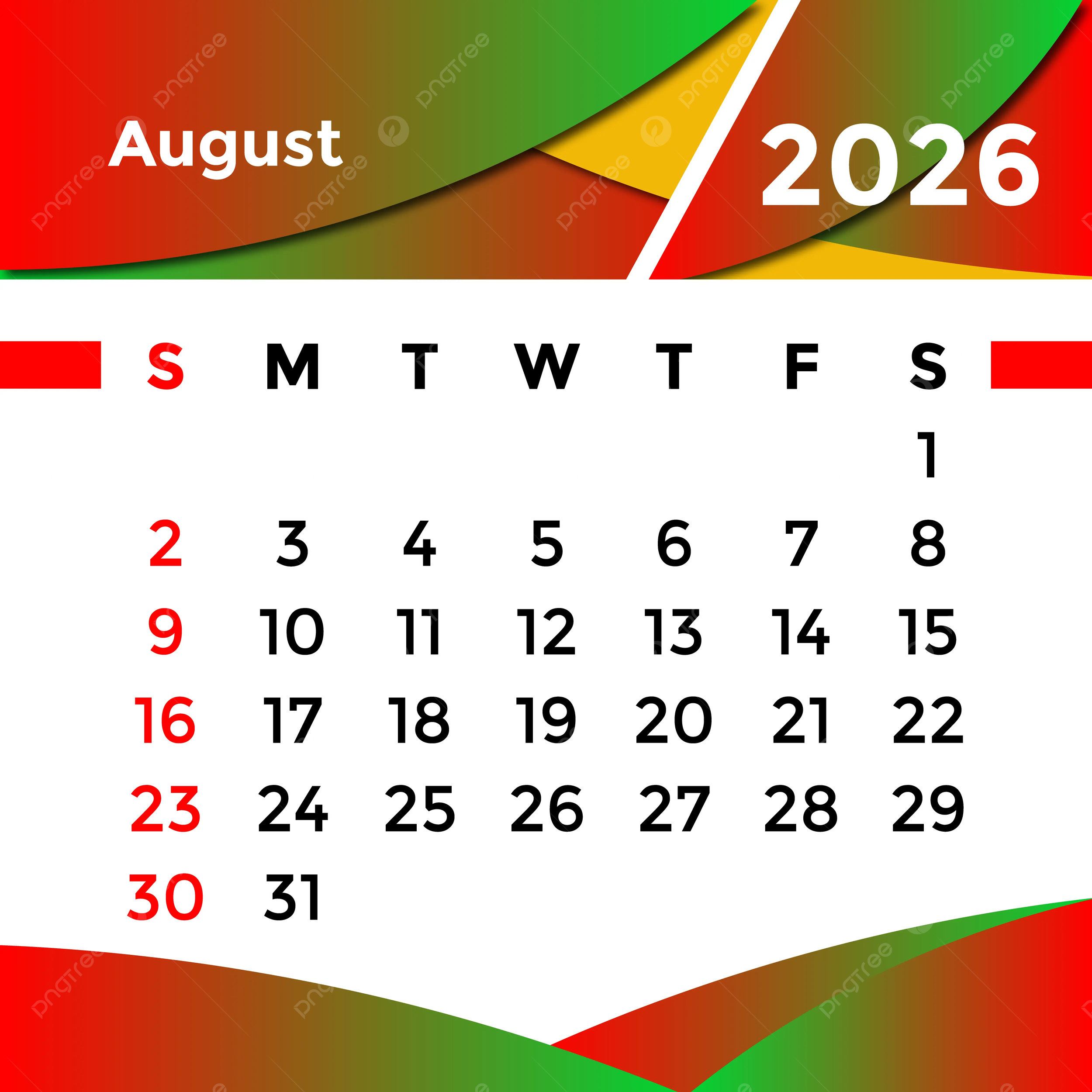 August Month Calendar 2026 Vector Template Download On Pngtree