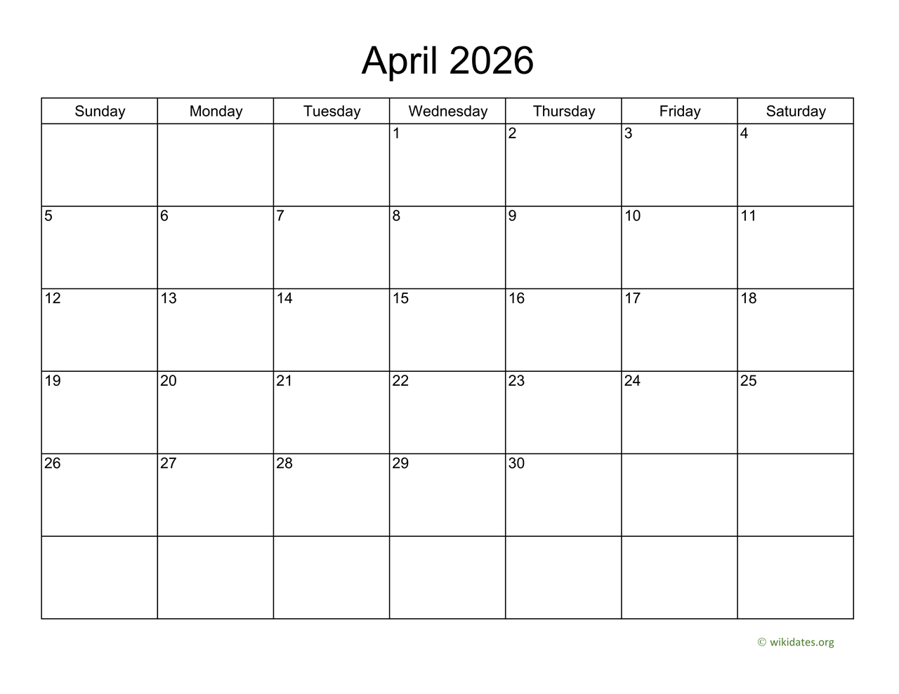Basic Calendar For April 2026 WikiDates