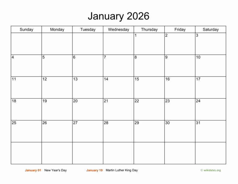 Basic Calendar For January 2026 WikiDates