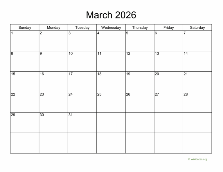 Basic Calendar For March 2026 WikiDates