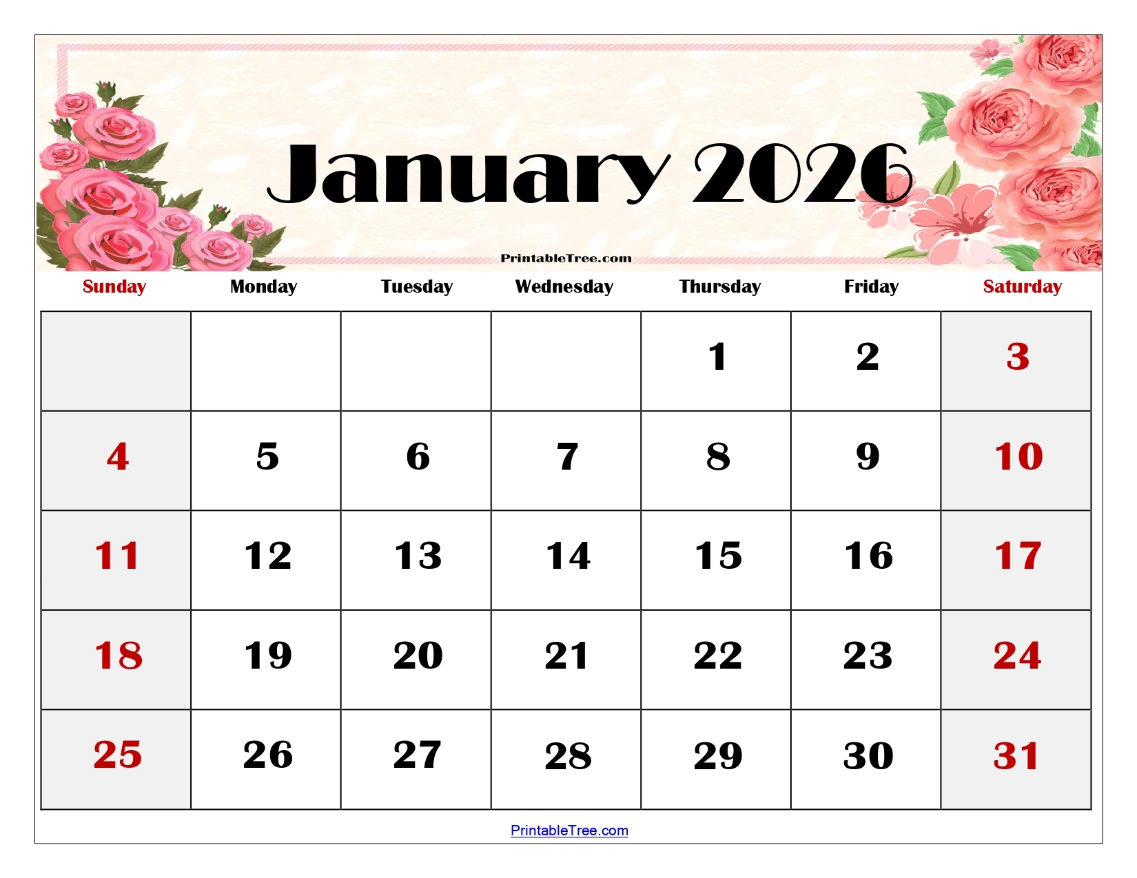 Free January 2026 Calendar With Holidays