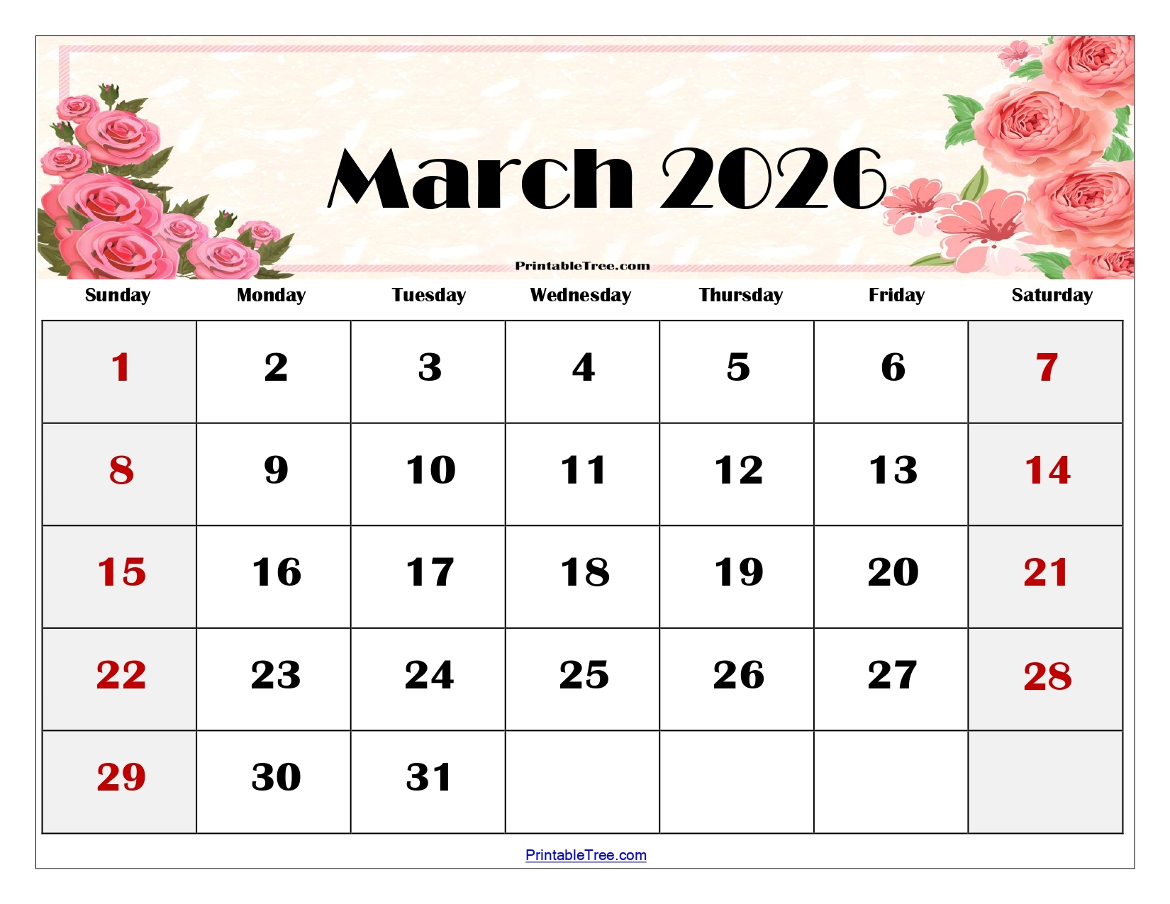March 2026 Calendar Clipart