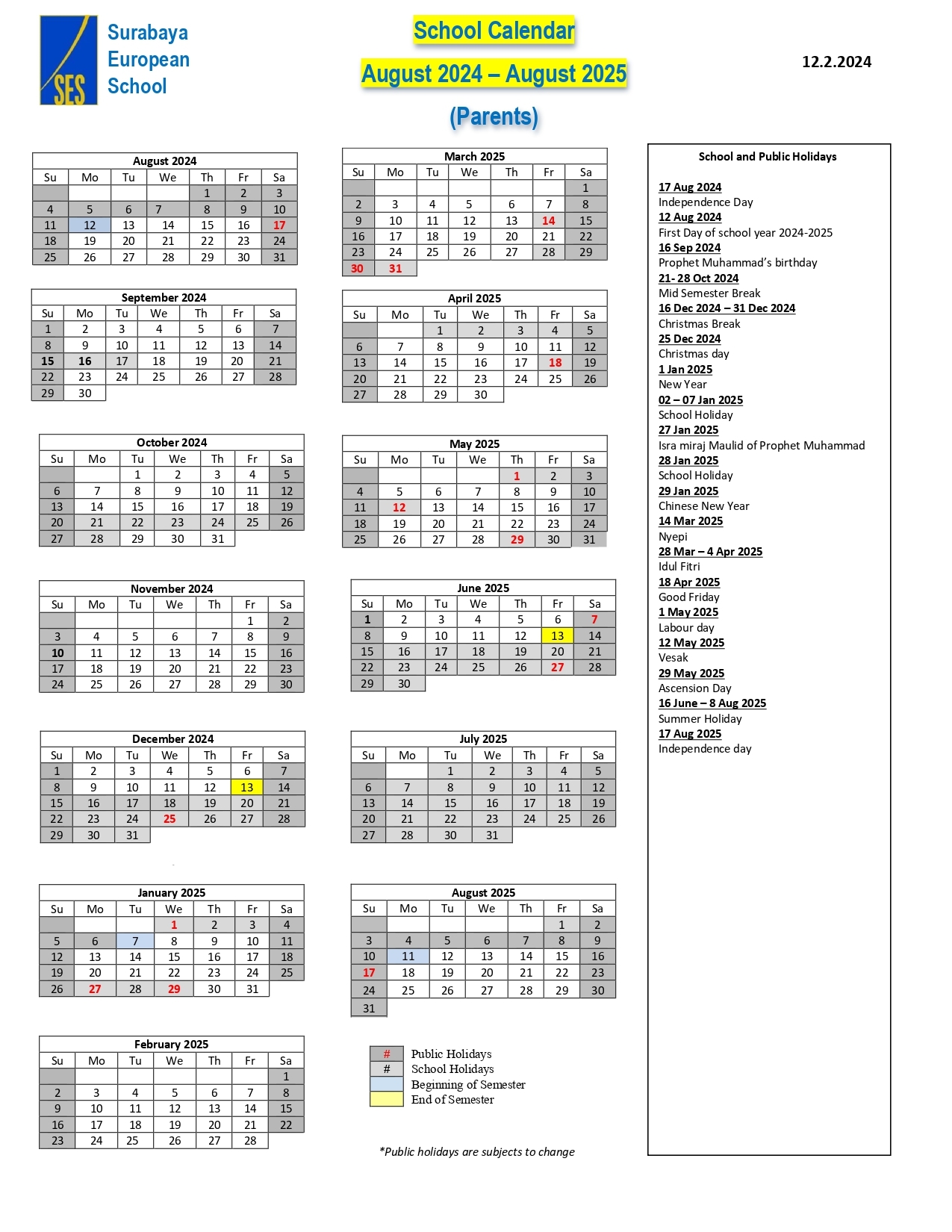 Calendar 2024 2025 Surabaya European School