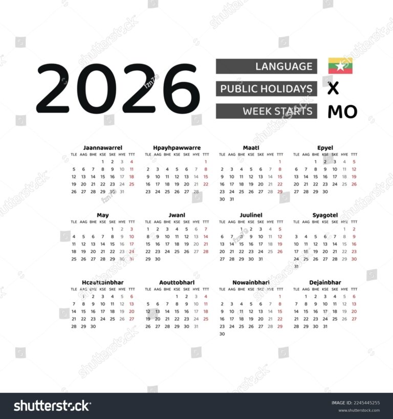 Calendar 2026 Burmese Language Myanmar Public Stock Vector