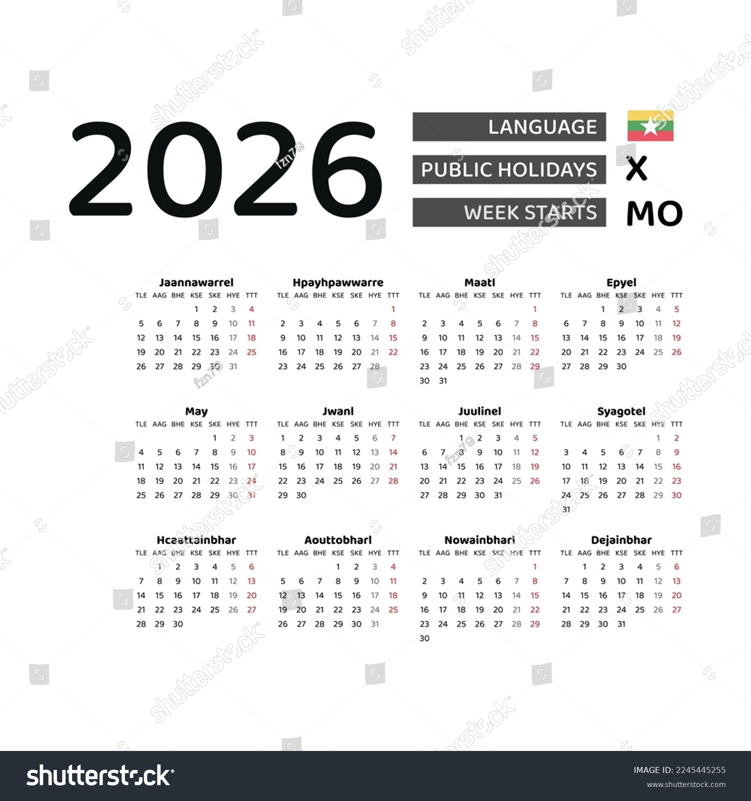 Calendar 2026 Burmese Language Myanmar Public Stock Vector