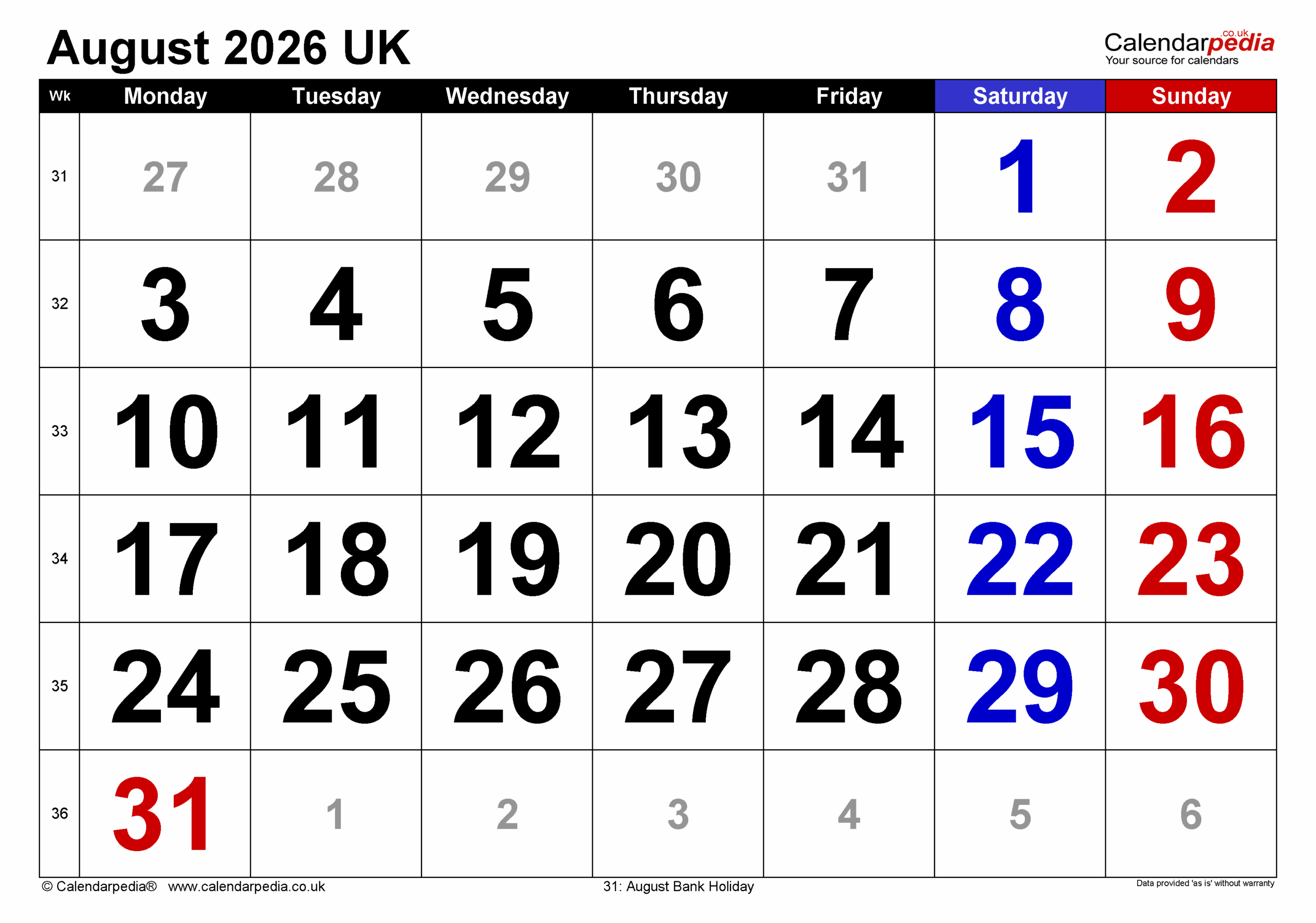 Calendar August 2026 UK With PDF Excel And Word Templates
