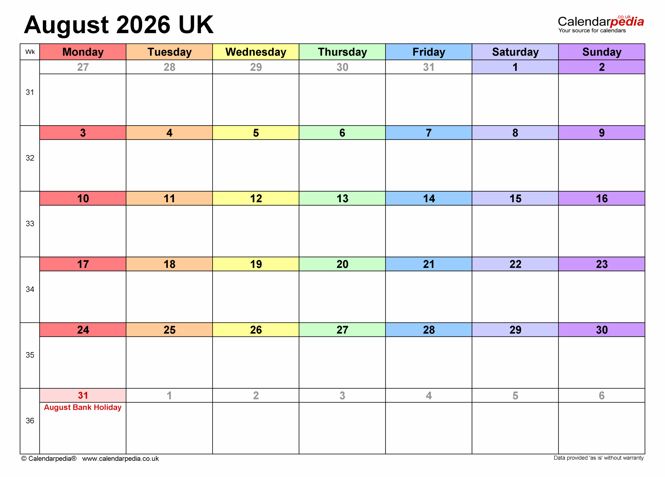 Calendar August 2026 UK With PDF Excel And Word Templates