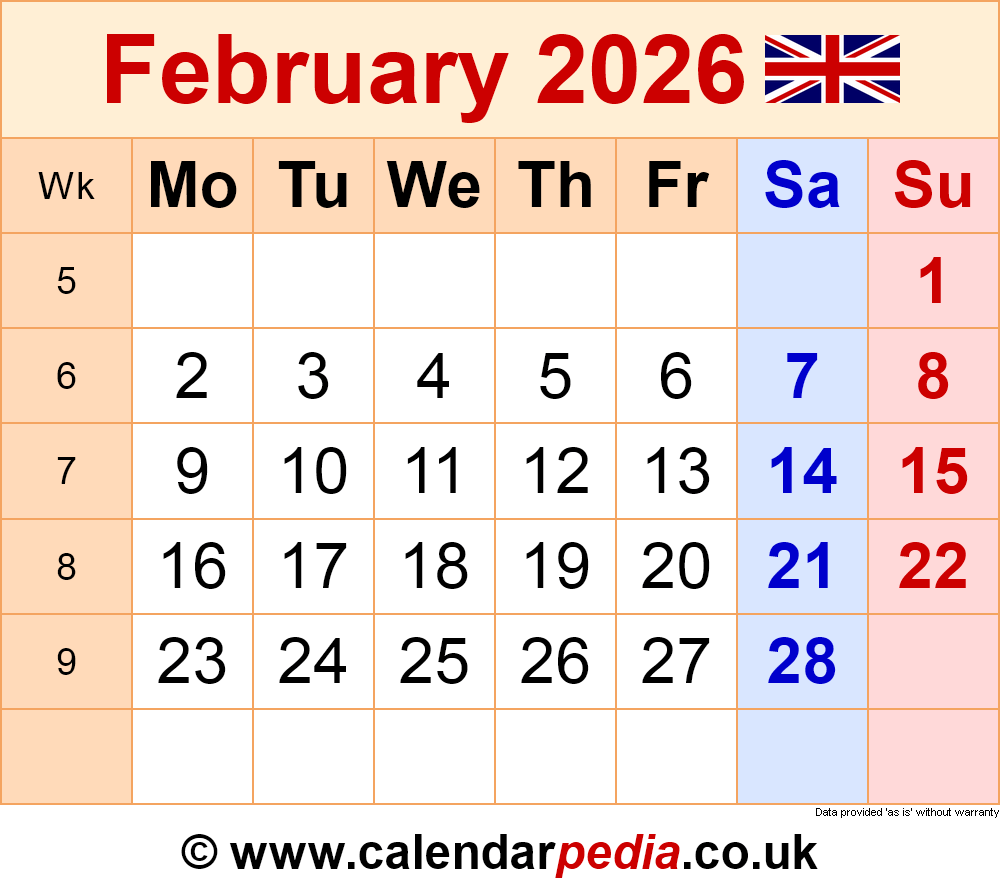 February 2026 Calendar Starting Monday