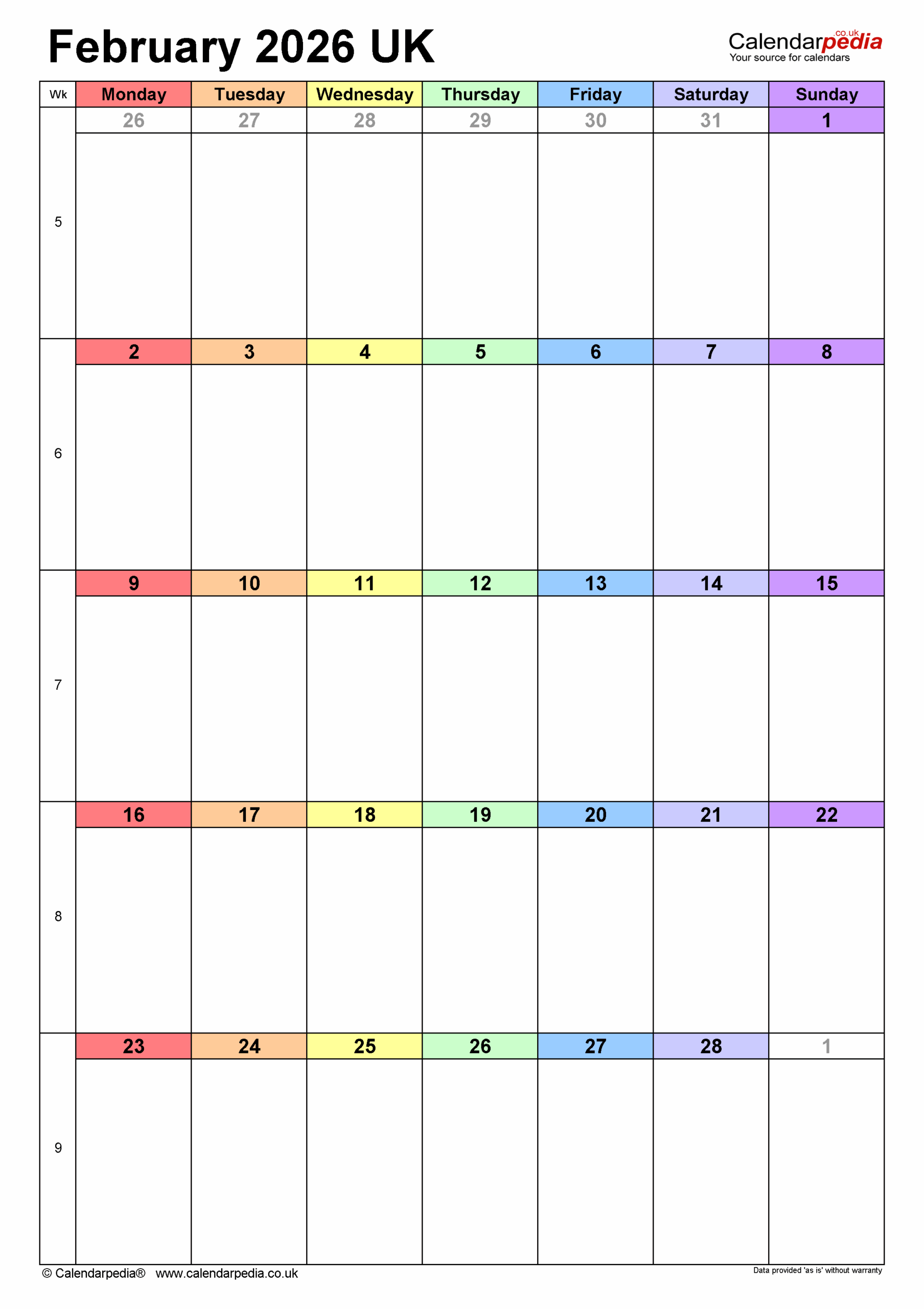 Calendar February 2026 UK With PDF Excel And Word Templates