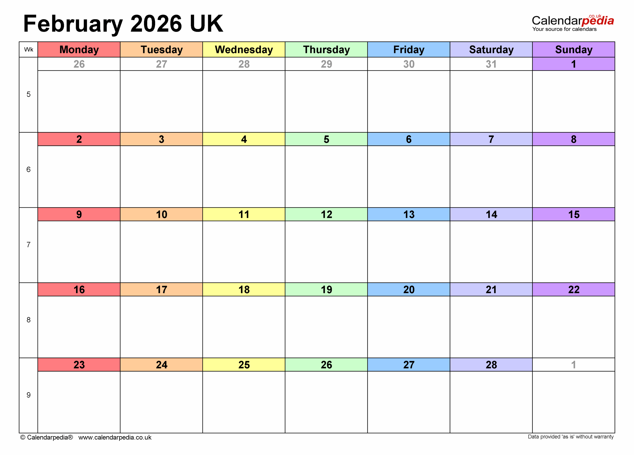 Calendar February 2026 UK With PDF Excel And Word Templates