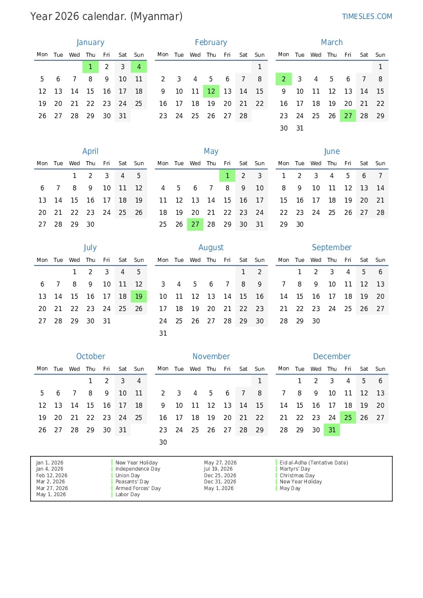 Calendar For 2026 With Holidays In Myanmar Print And Download 