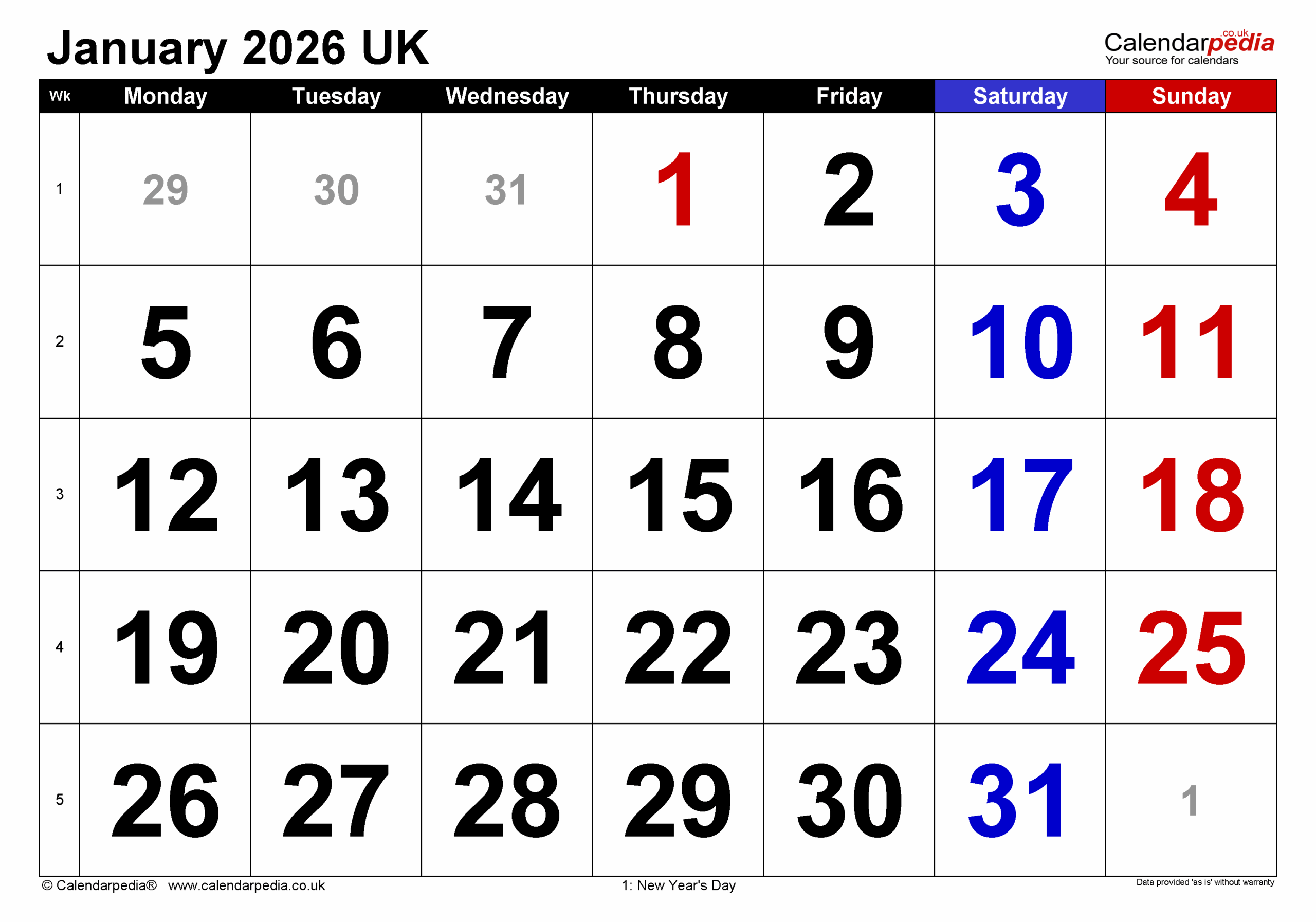 January 2026 Calendar Fillable