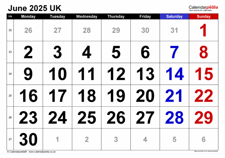 Calendar June 2025 UK With PDF Excel And Word Templates