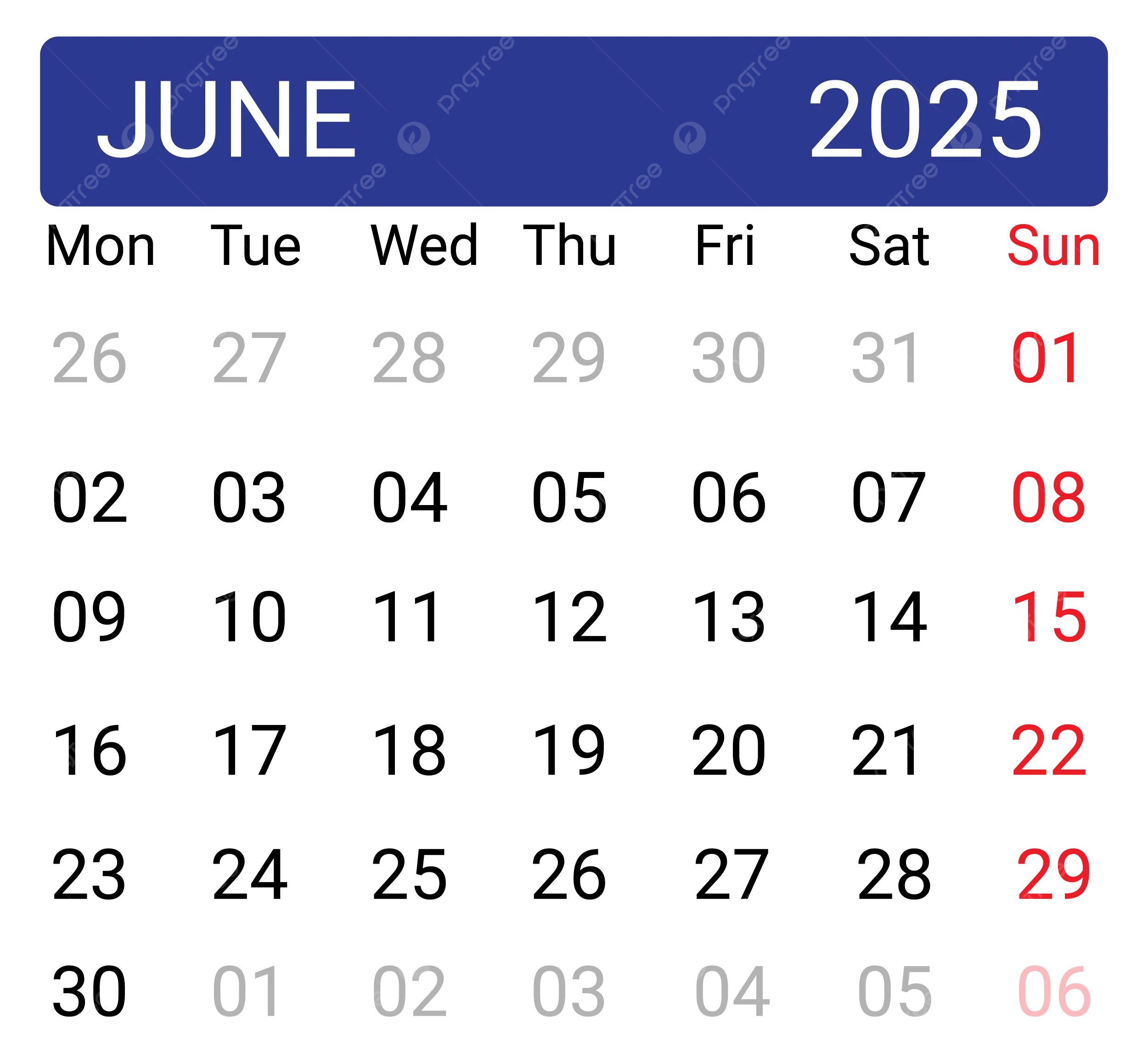 June 2025 Calendar Transparent