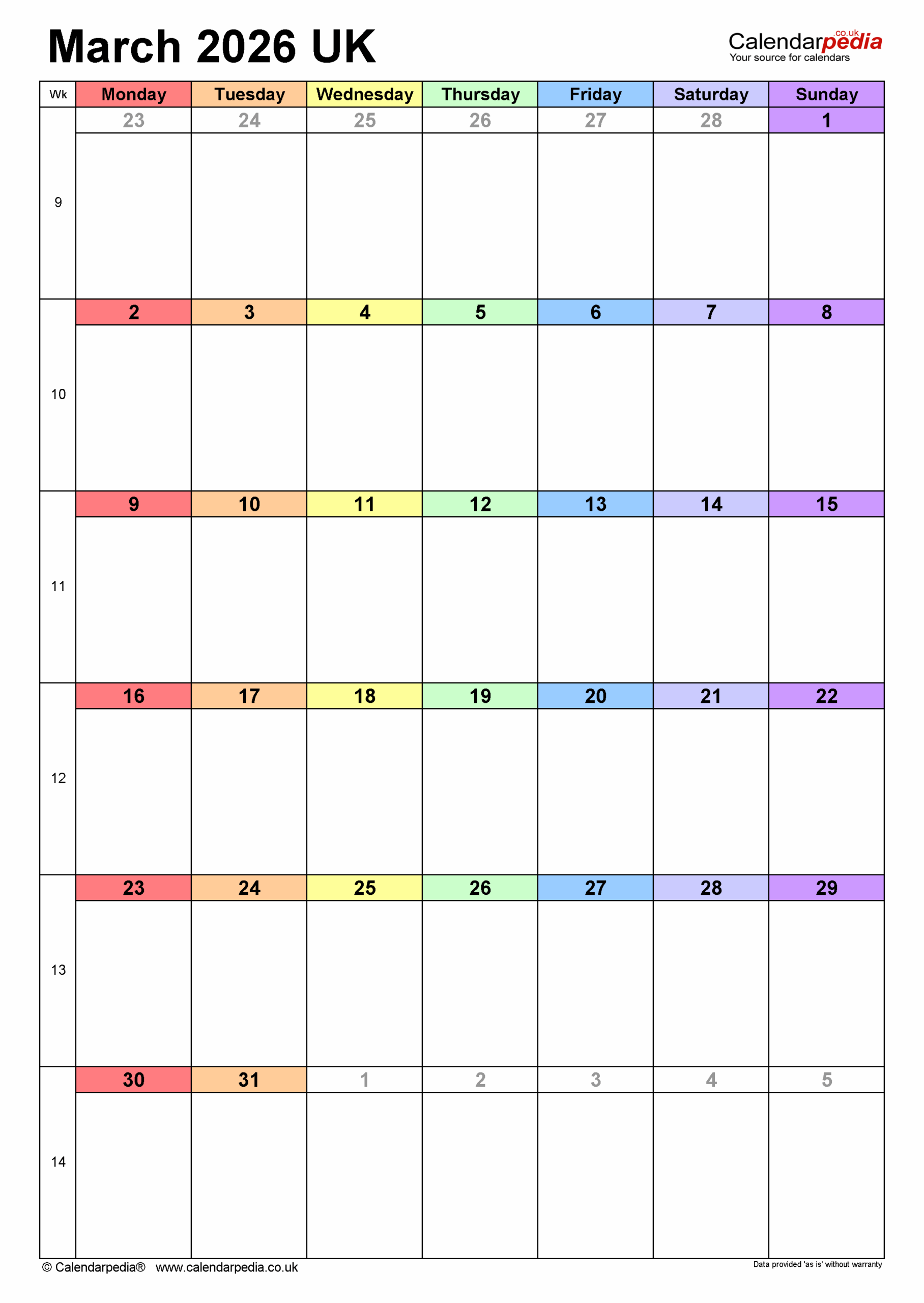 March 2026 Vertical Calendar