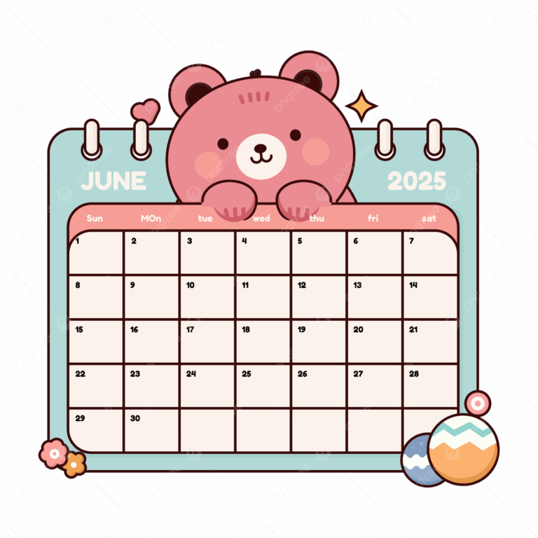 Cute June 2025 Calendar With A Pink Bear Vector Calendar 2025