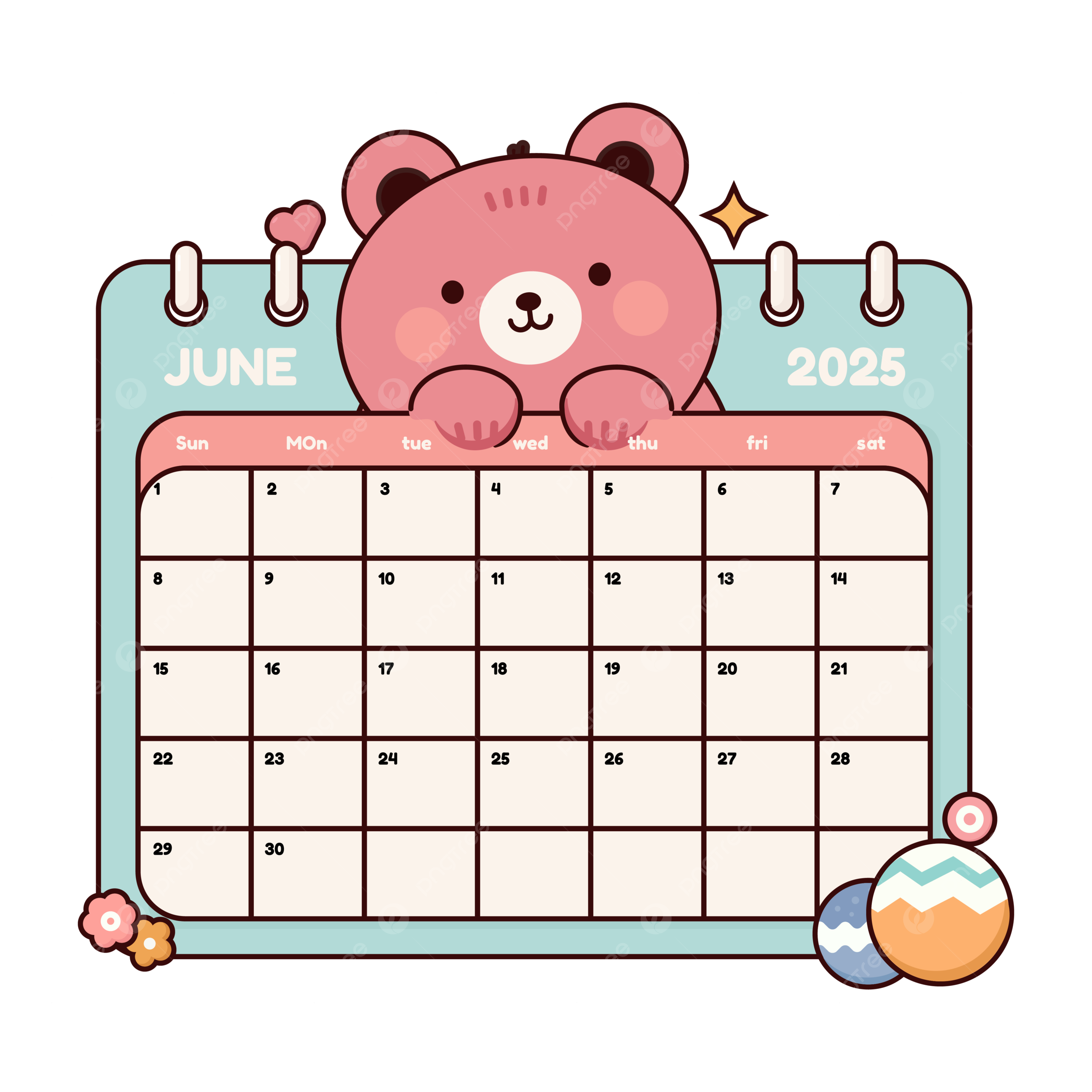 Cute June 2025 Calendar With A Pink Bear Vector Calendar 2025